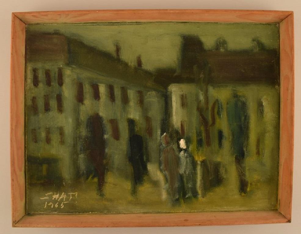 Svend Aage Tauscher (1911-1984), Danish artist. Oil on canvas. 
Modernist urban scenery with figures. Dated 1965.
The canvas measures: 40 x 30 cm.
The frame measures: 2 cm.
In excellent condition.
Signed and dated.

Svend Aage grew up in an