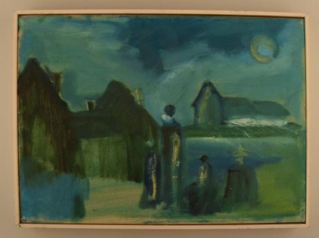 Svend Aage Tauscher, listed Danish artist. Church in landscape with people in the foreground.
Oil on canvas.
Signed SAAT 75.
Measures (without the frame): 35 cm. × 49 cm. The frame measures 1 cm.
In perfect condition.