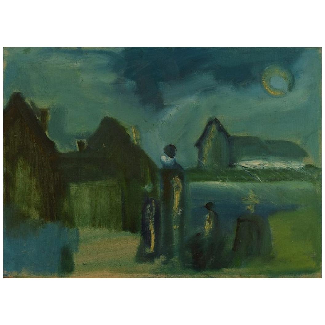Svend Aage Tauscher, Listed Danish Artist, Church in Landscape with People