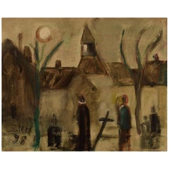 Svend Aage Tauscher, Listed Danish Artist, Scenery from Cemetery with People Svend Aage Tauscher, Listed Danish Artist, Scenery from Cemetery with People