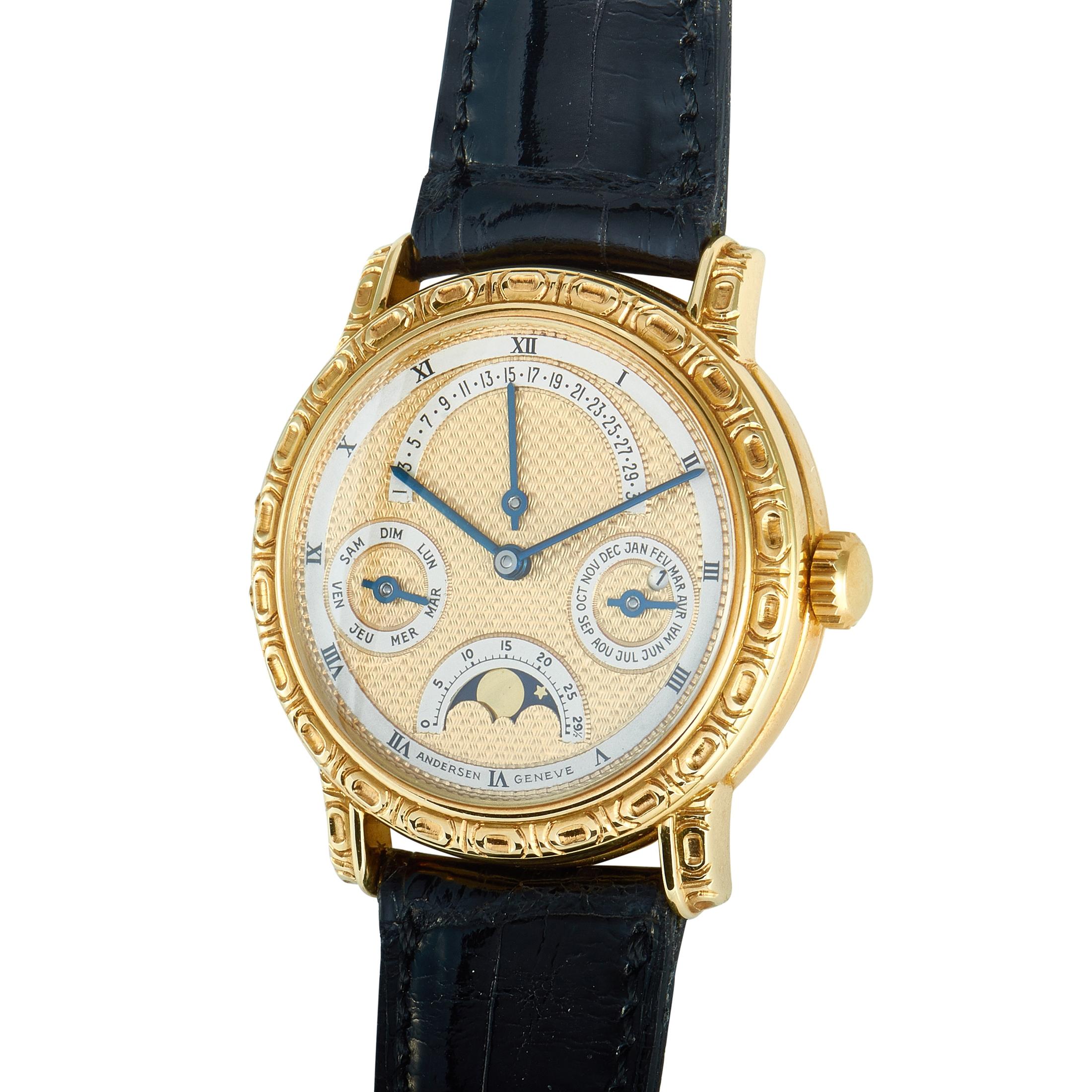 The Svend Andersen Perpetual Calendar watch, reference number 56363, is a piece unique and is presented with an 18K yellow gold case that boasts see-through back. This timepiece is powered by a hand-wound movement and features the following