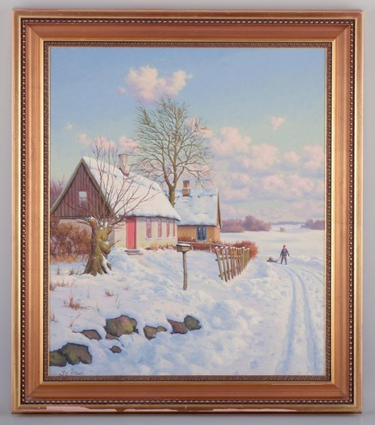 Svend Drews.
Oil on canvas. Danish idyllic winter landscape. 
Houses with snow-covered roofs.
Approximately from the 1970s.
Signed.
In perfect condition. Frame with an area of gold decoration peeling off.
Total dimensions: 77.0 cm x 67.0 cm.