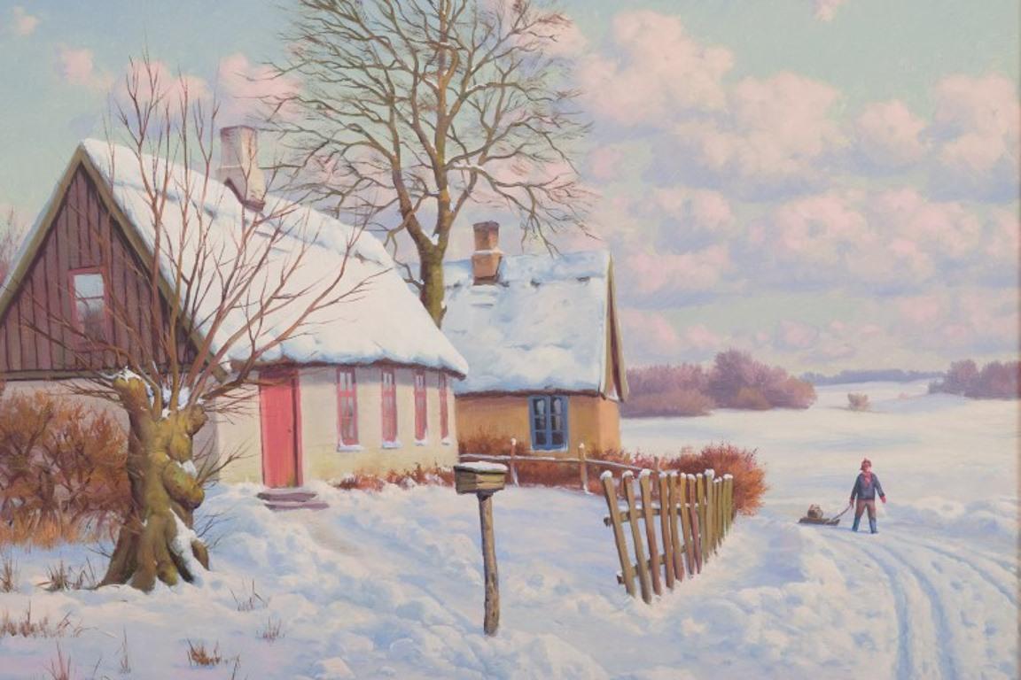 Svend Drews. Oil on canvas. Danish idyllic winter landscape.  In Excellent Condition For Sale In Copenhagen, DK