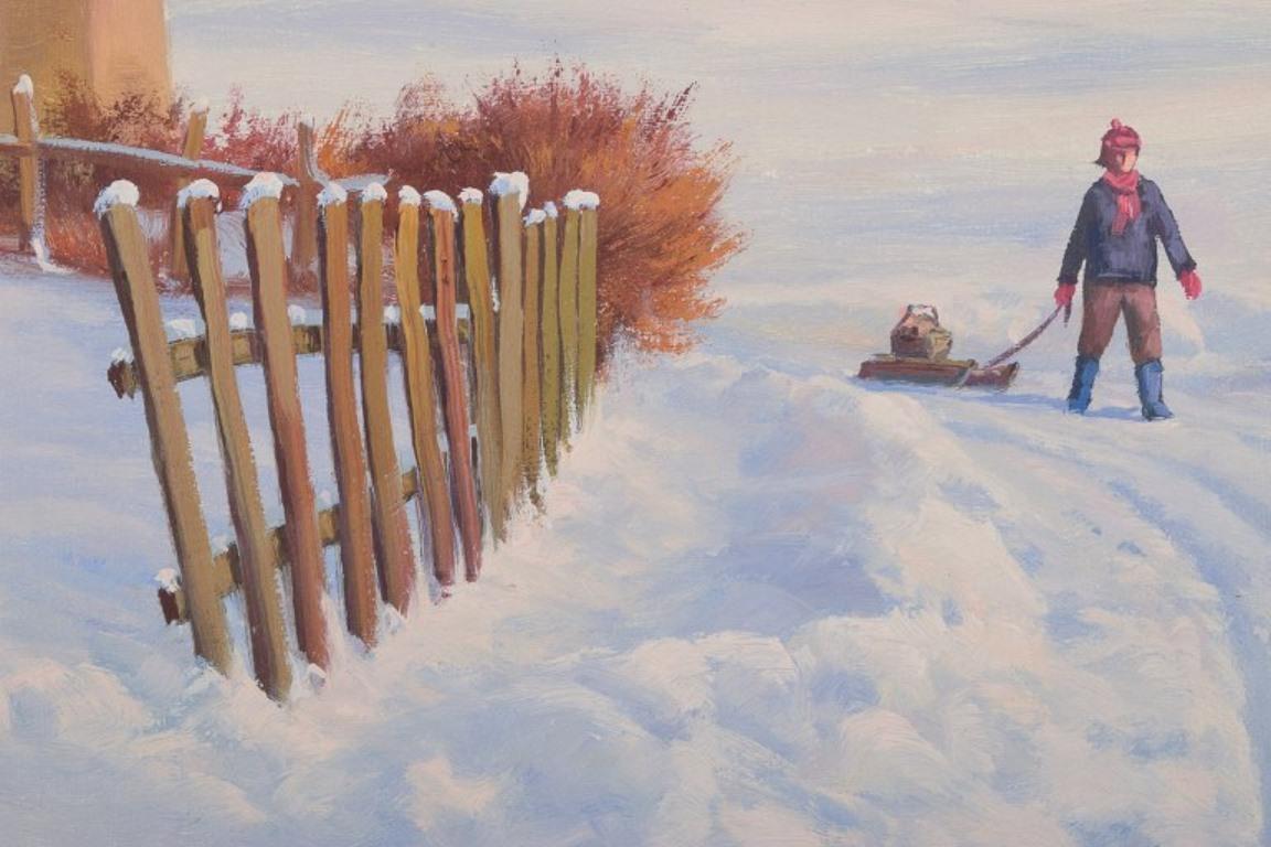 Late 20th Century Svend Drews. Oil on canvas. Danish idyllic winter landscape. For Sale