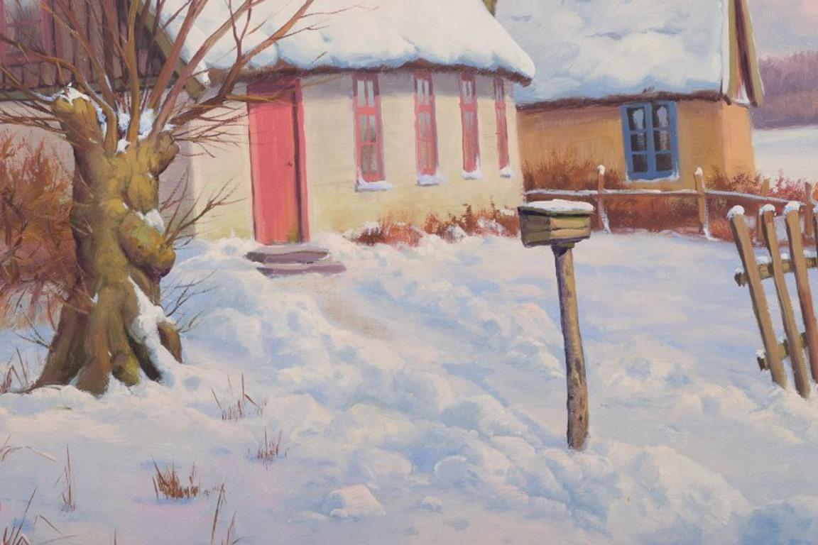 Svend Drews. Oil on canvas. Danish idyllic winter landscape.  For Sale 1