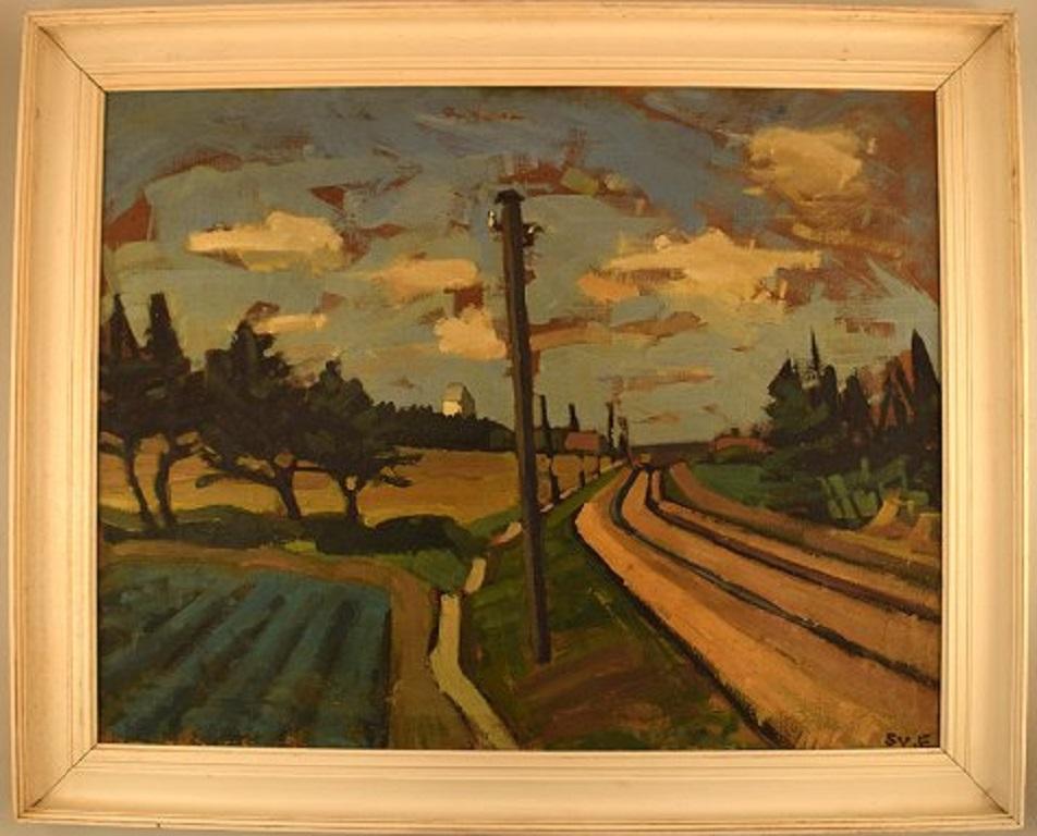 Svend Engelund (1908-2007), Denmark. Oil on canvas. Early work. Landscape from Vendsyssel, 1930s-1940s.
The canvas measures: 86 x 67 cm.
The frame measures: 7.5 cm.
In very good condition.
Signed.