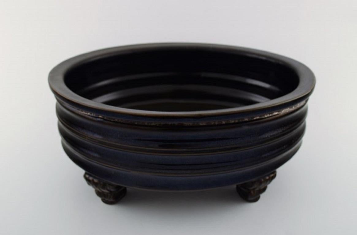 Svend Hammershøi for Kähler. Large ceramic flowerpot with dark blue glaze.
Signed 