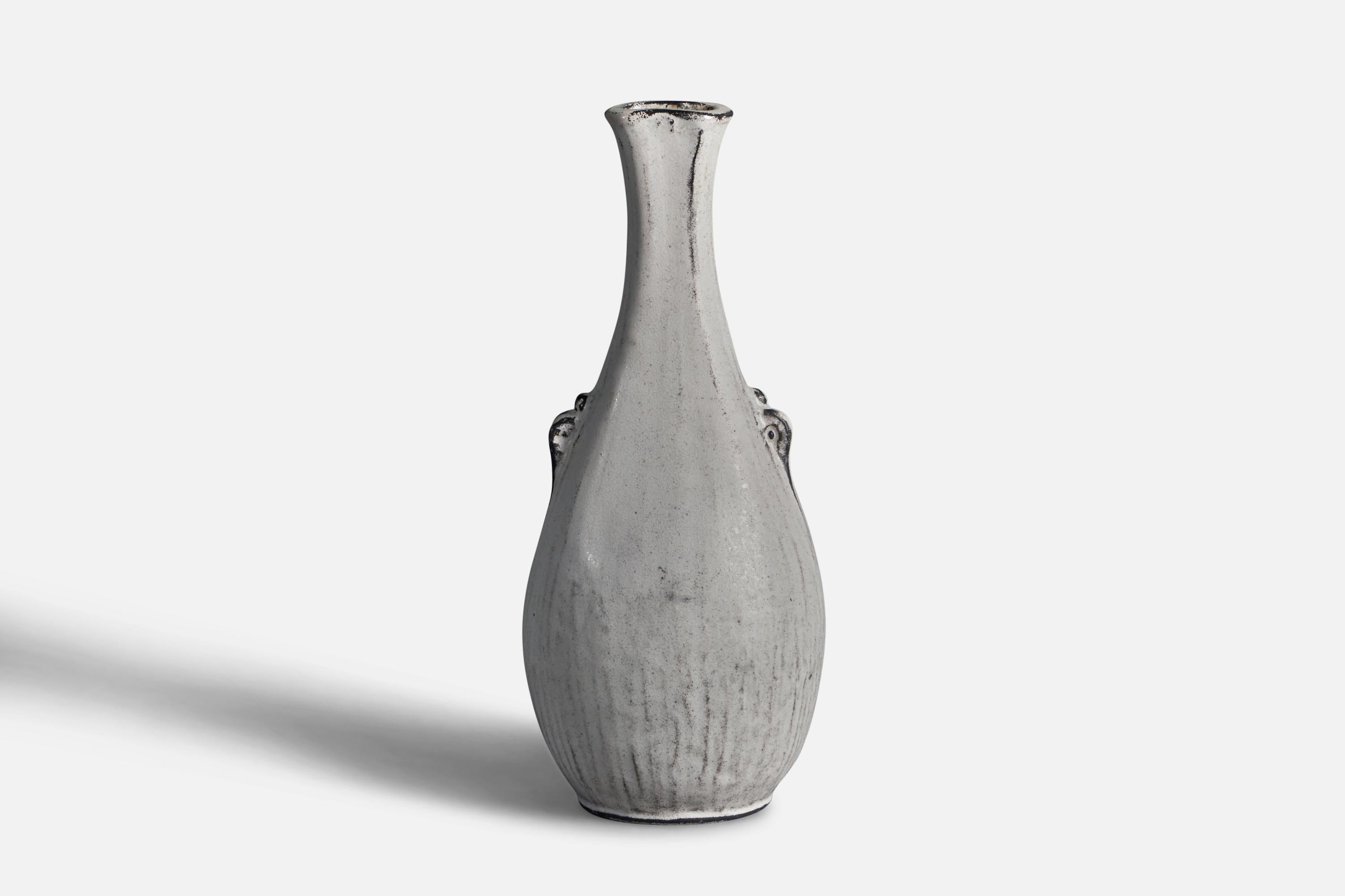 A white and black-glazed earthenware vase designed by Svend Hammershøi and produced by Herman A. Kähler Keramik, Denmark, c. 1930s.