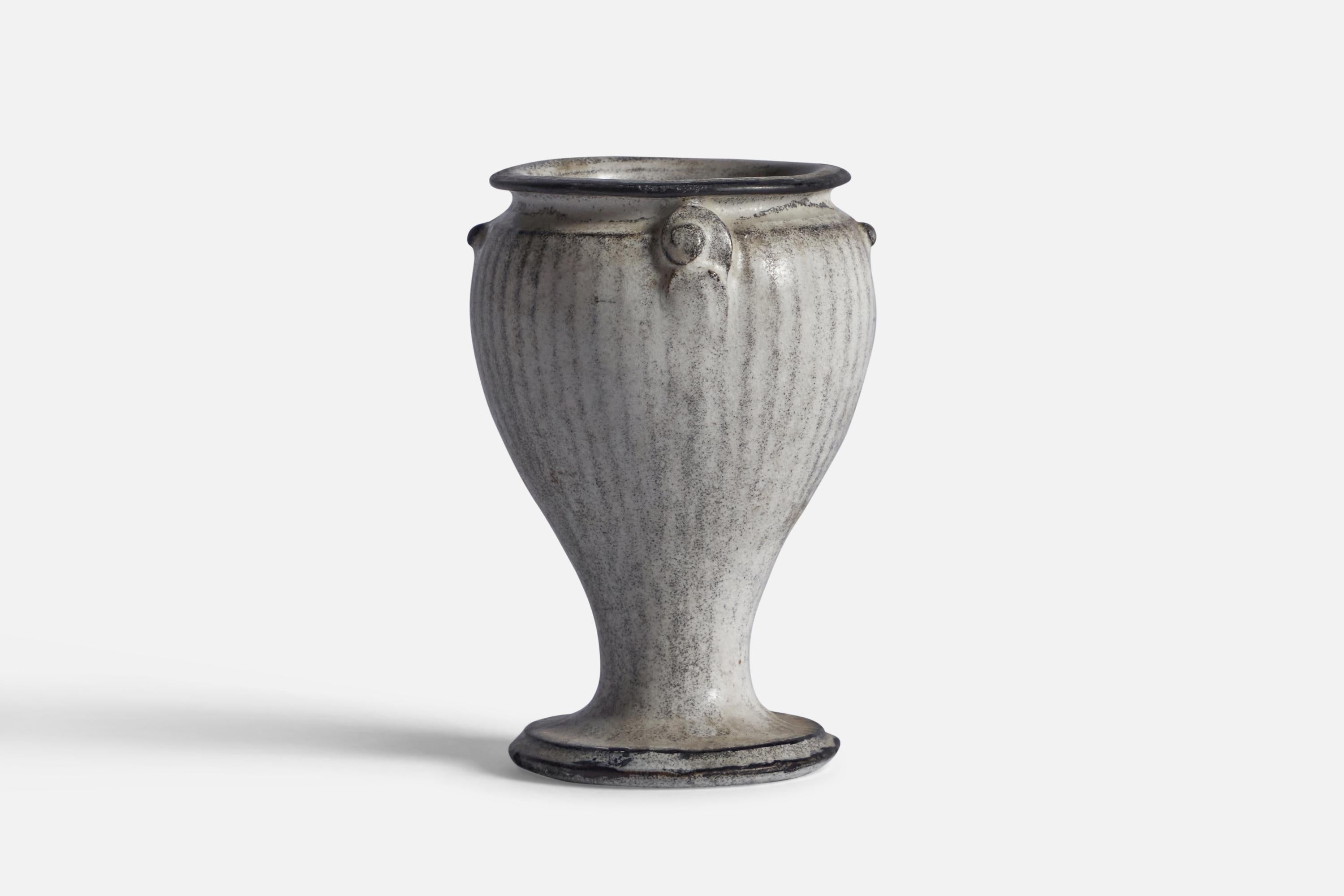 A black and grey-glazed earthenware vase designed by Svend Hammershøi and produced by Kähler, Denmark, 1930s.