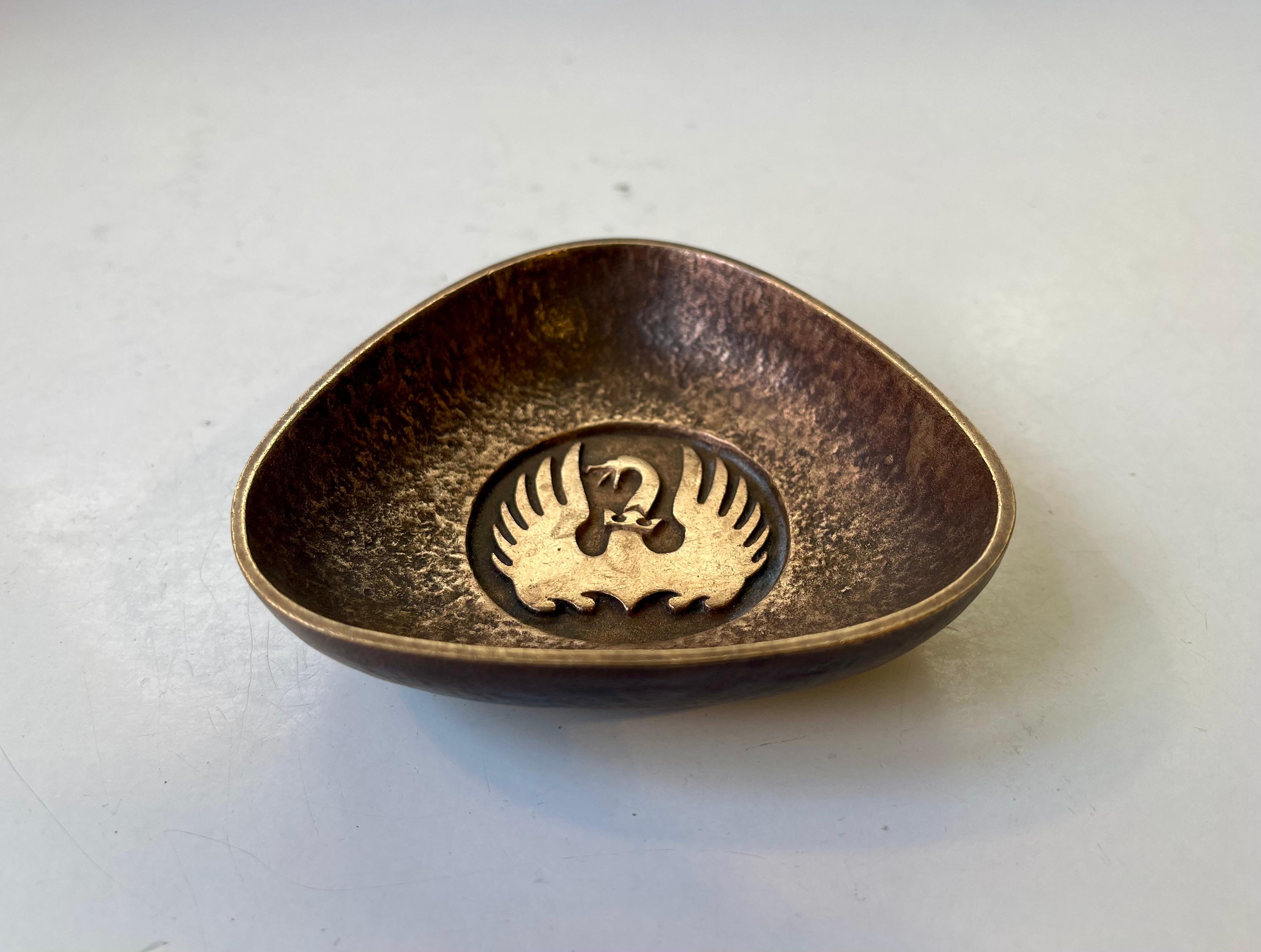 Danish Svend Lindhart Art Deco Style Bronze Dish w. Crowned Swan, Signed For Sale
