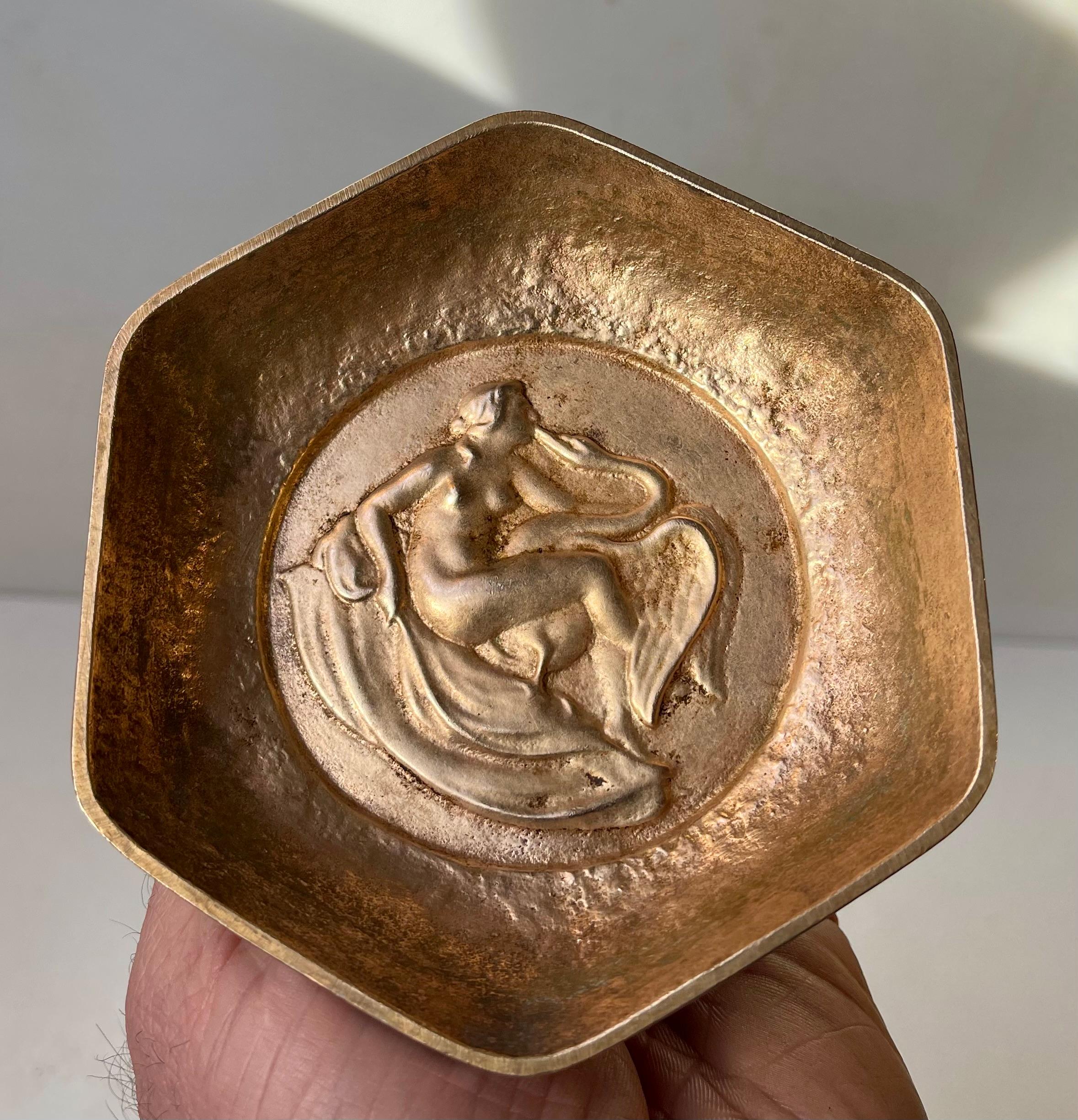 Art Deco Svend Lindhart 'Leda & The Swan' Gilt Bronze Dish For Sale
