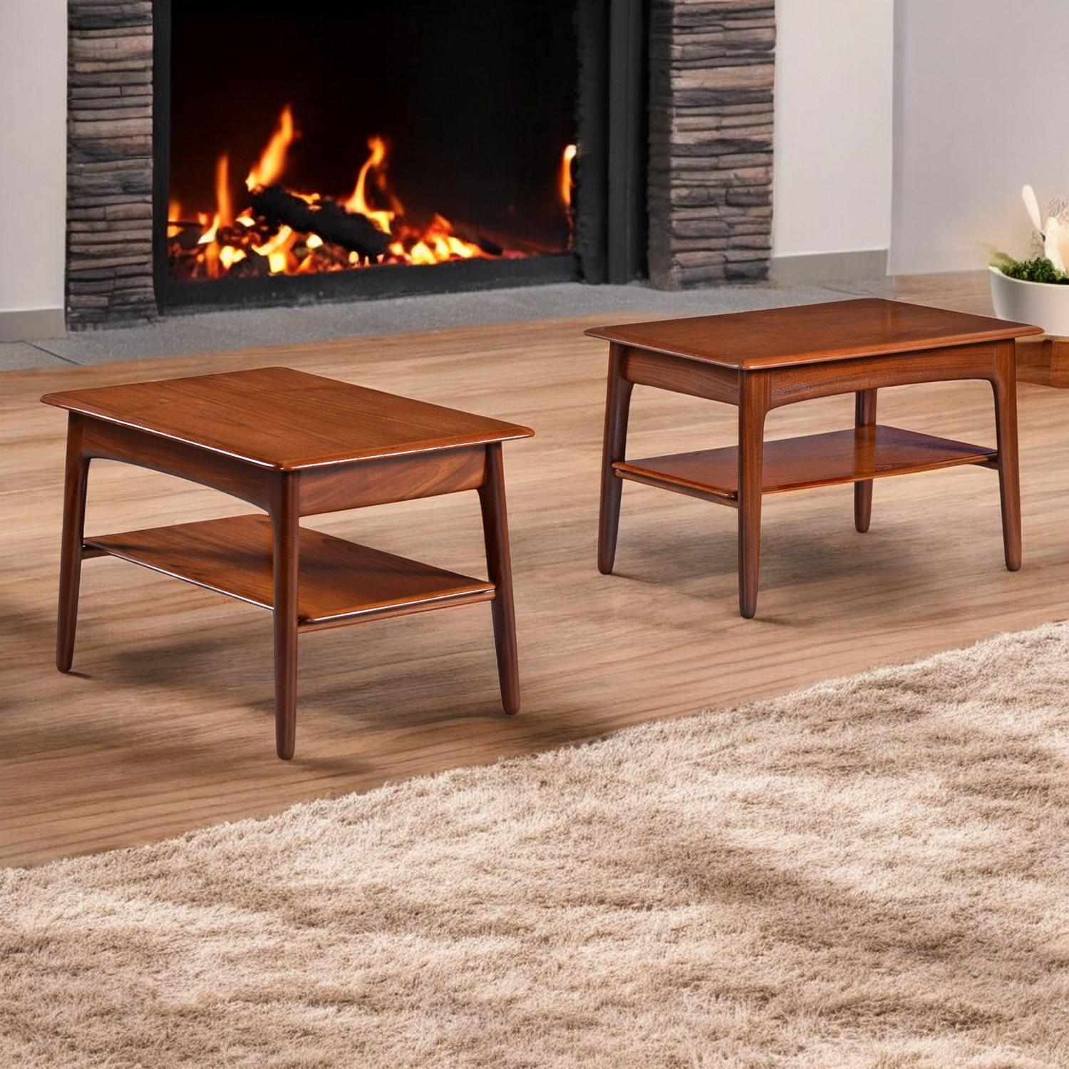 Gorgeous, large Danish teak end tables produced by Svend Madsen for Karl Lindegarrd. These Mid-Century Modern lamp tables are finished on all sides, and feature elegant styling and expert Scandinavian craftsmanship.  A single drawer on each table