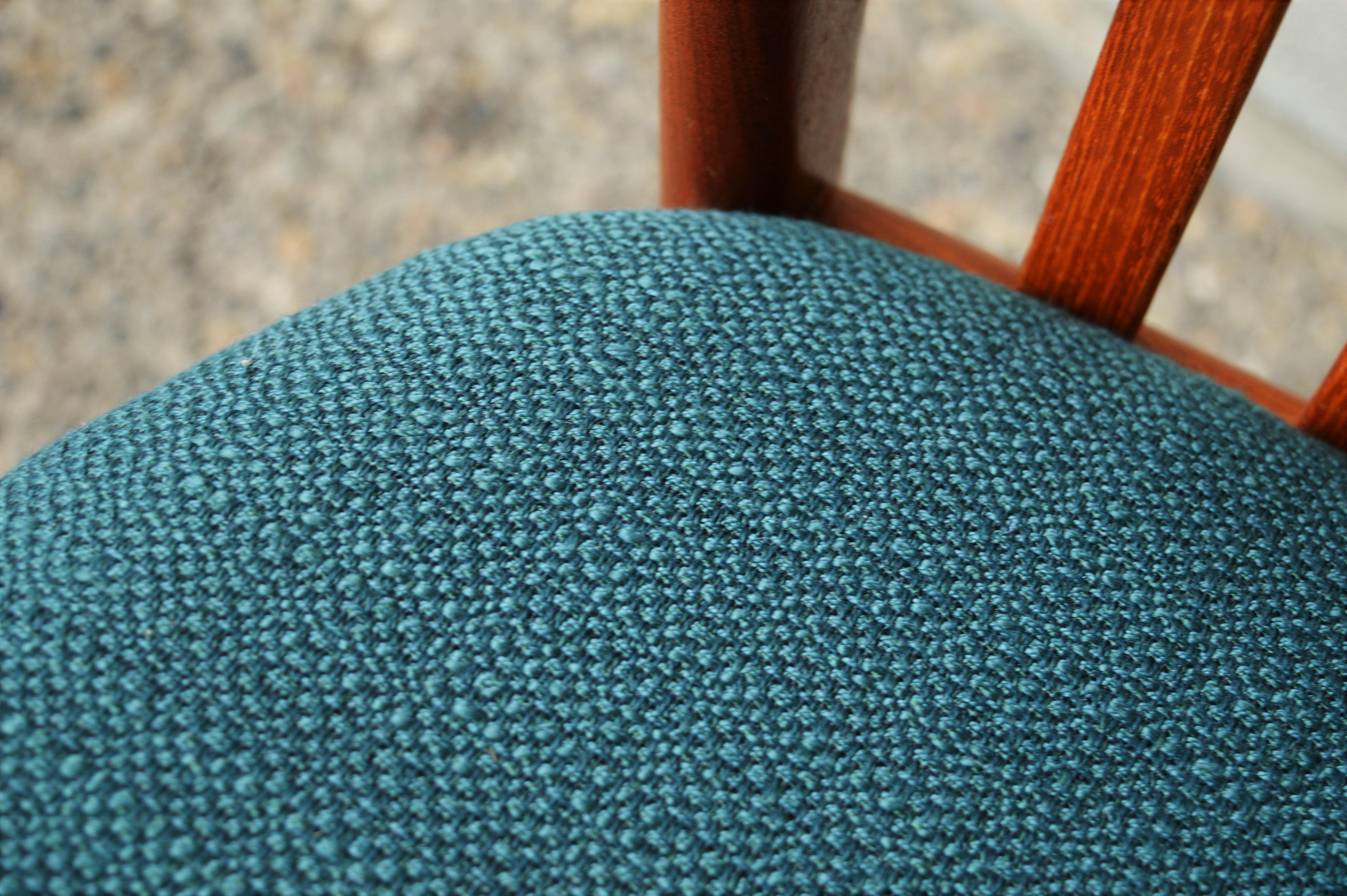 Mid-20th Century Svend Madsen Set of 4 Danish Teak Dining Chairs with Bent Backs & New Teal Tweed For Sale