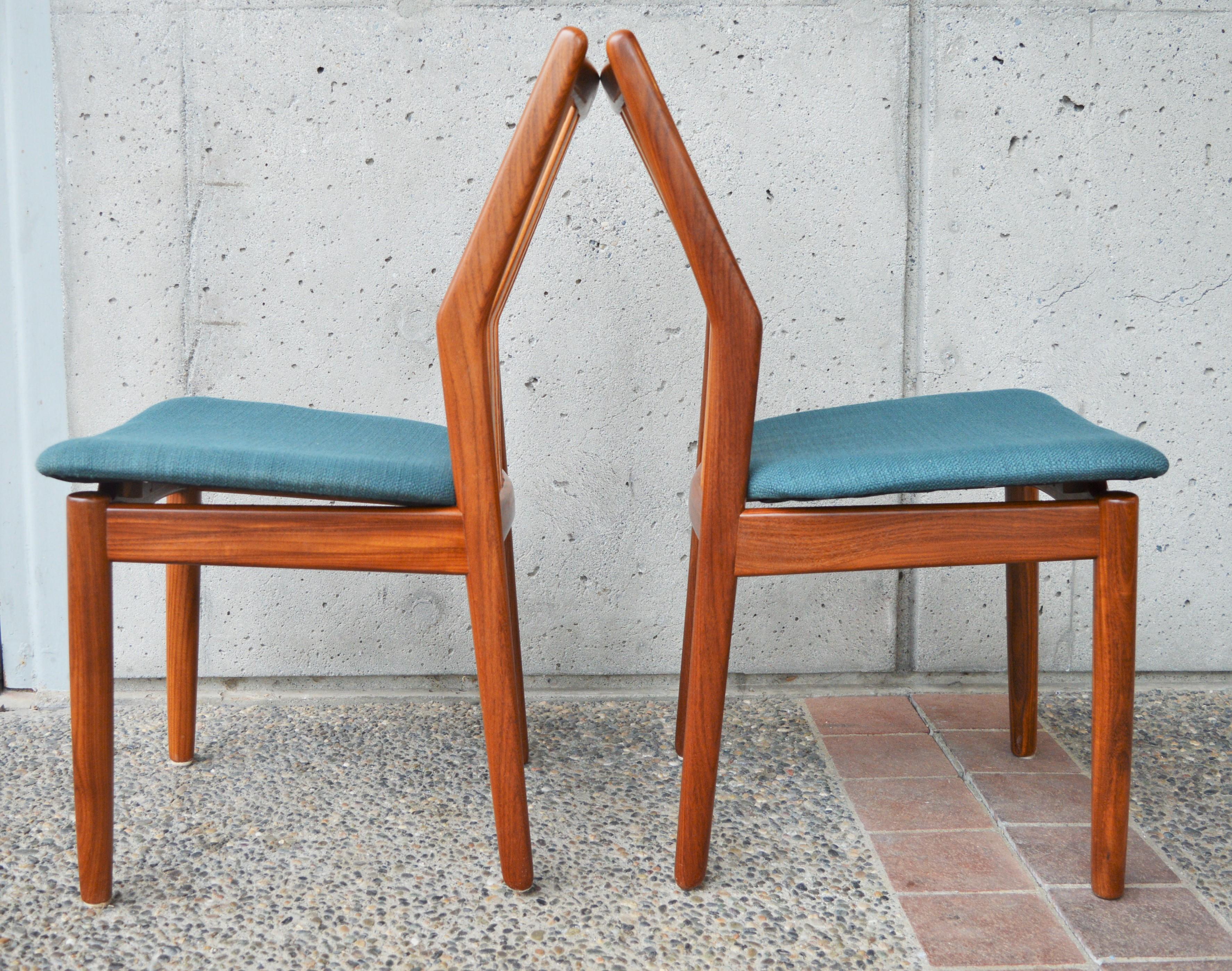 Upholstery Svend Madsen Set of 4 Danish Teak Dining Chairs with Bent Backs & New Teal Tweed For Sale
