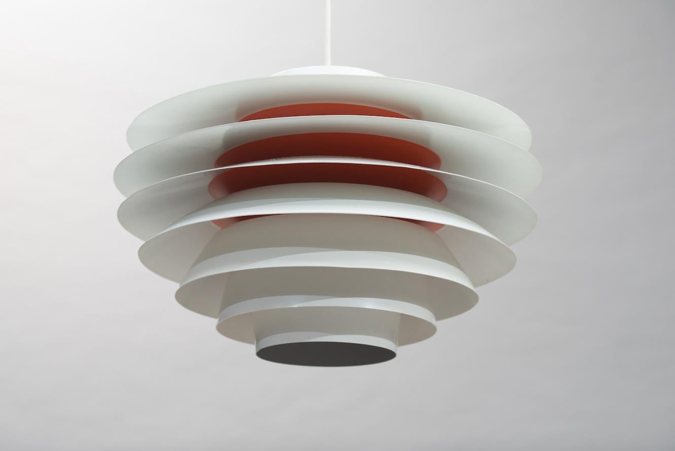 ‘Verona’ ceiling lamp in white and orange lacquered aluminum, model 485.