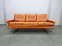 Svend Skipper Danish Leather Sofa Cognac Chrome, 1960s