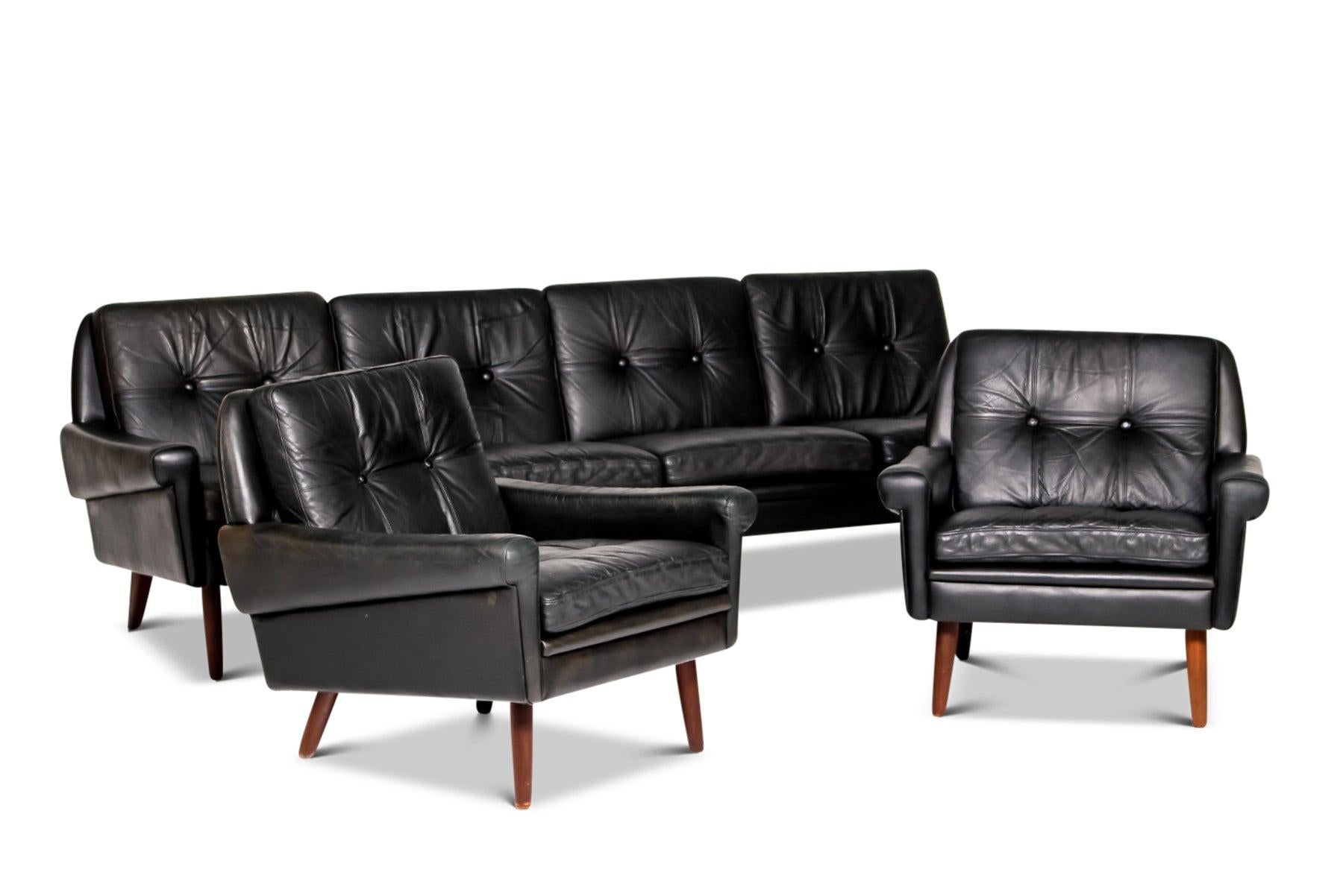 Mid-Century Modern Svend Skipper Four Seat Sofa in Black Leather + Pair of Matching Armchairs
