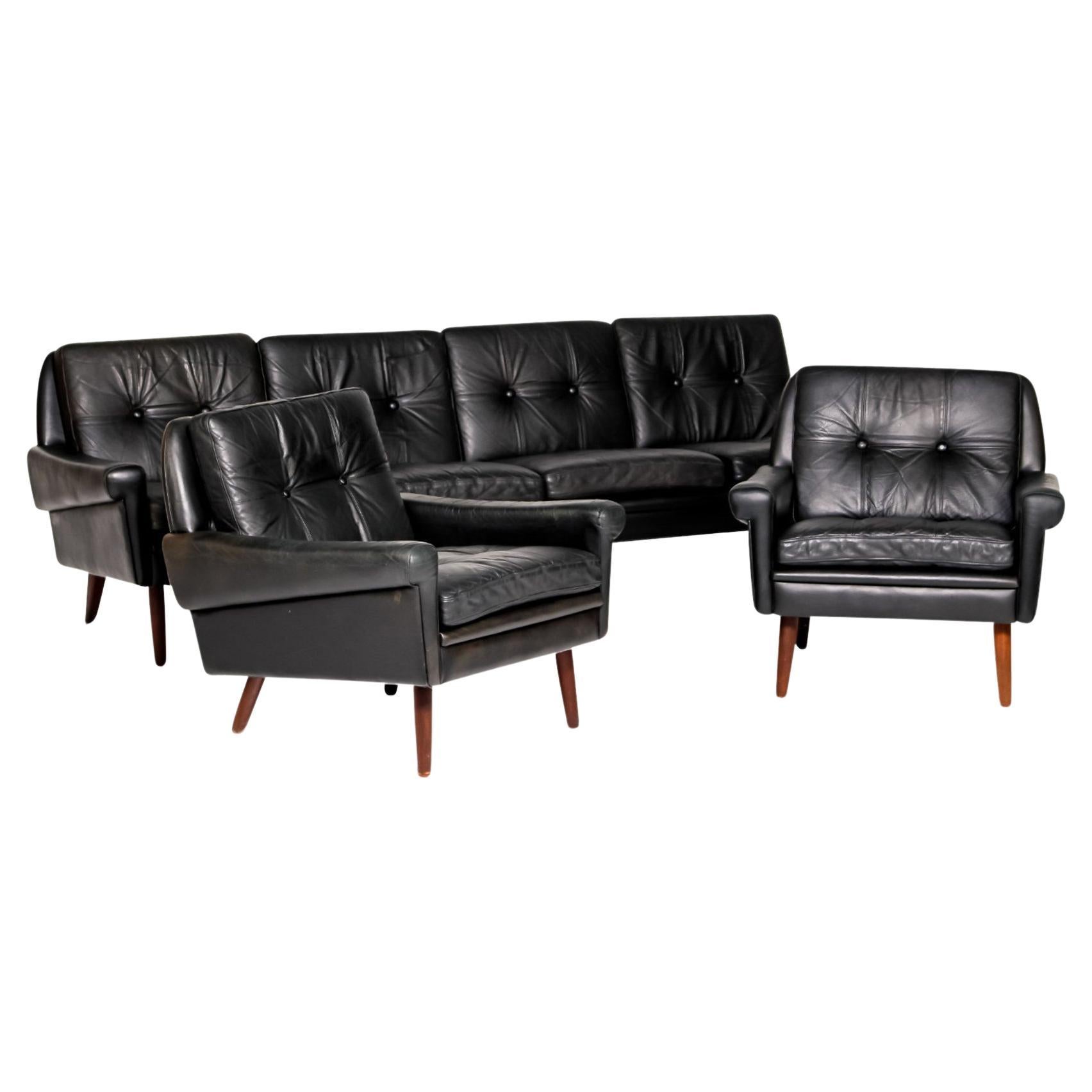Svend Skipper Four Seat Sofa in Black Leather + Pair of Matching Armchairs For Sale