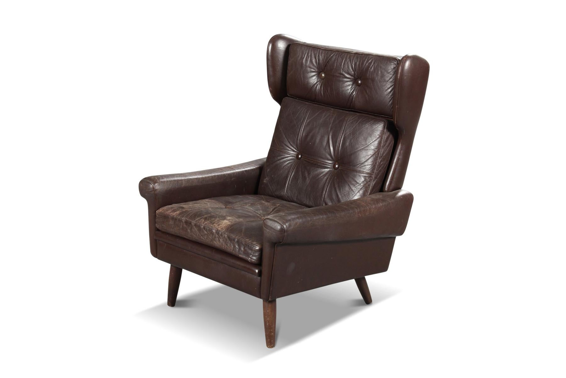 Sillón alto Svend Skipper de piel marrón patinada siglo XX en venta