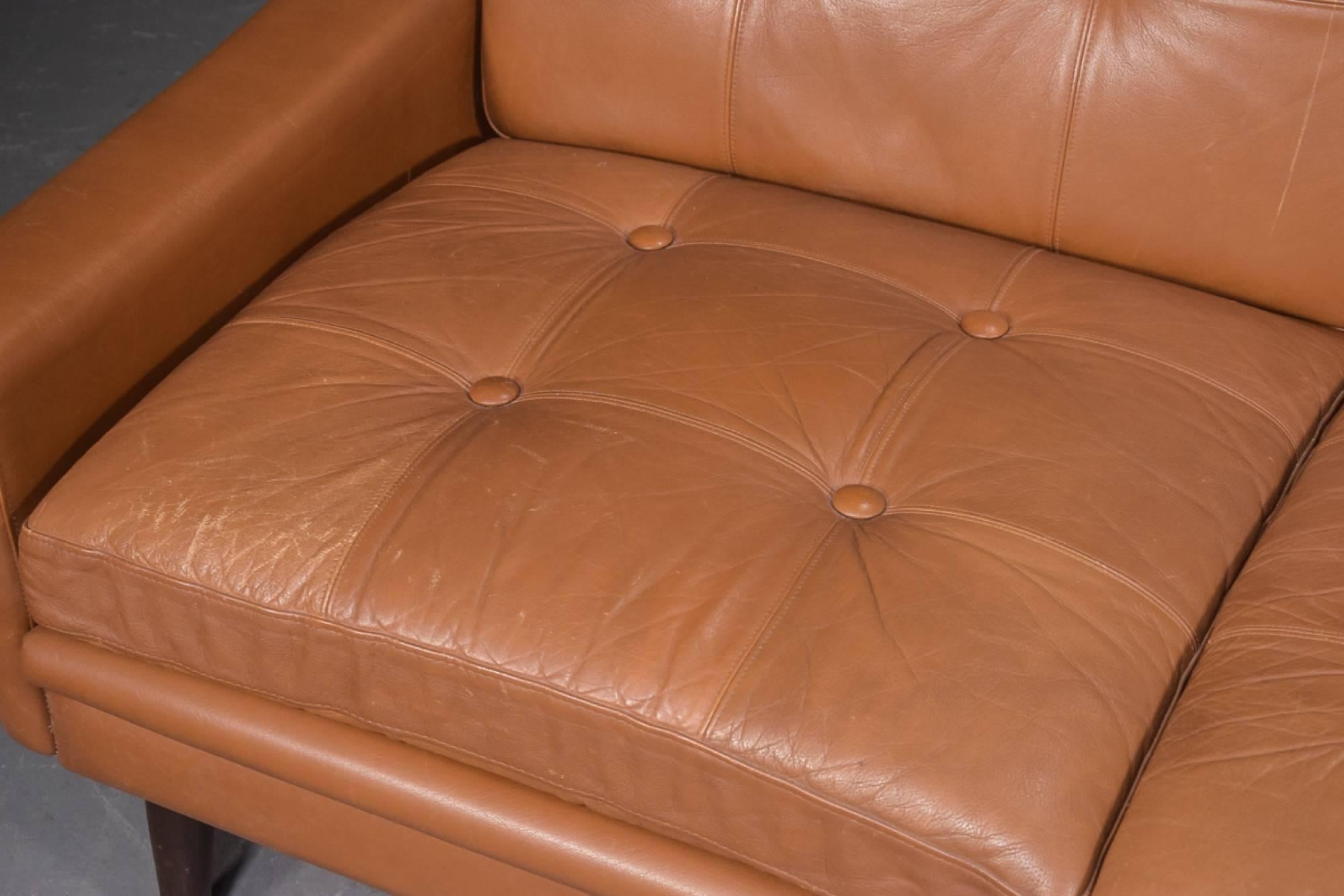 Mid-Century Modern Svend Skipper Midcentury Danish Loveseat Sofa in Brown Leather