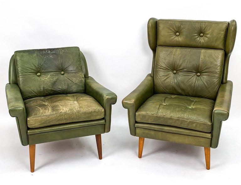 A gorgeous Danish mid-century seating suite comprised of a three-seater sofa, wingback lounge chair, and low back lounge chair, c. 1960s. All designed by Svend Skipper with complementary forms, each piece having unique element of visual interest