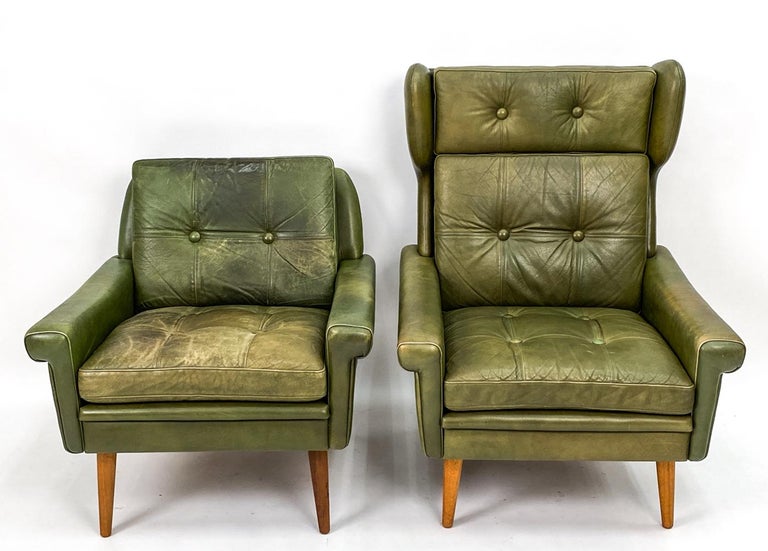Mid-Century Modern Svend Skipper Mid-Century Olive Green Leather Seating Suite For Sale