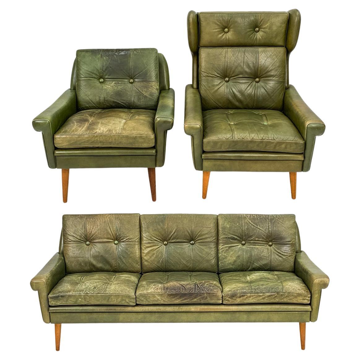 Svend Skipper Mid-Century Olive Green Leather Seating Suite