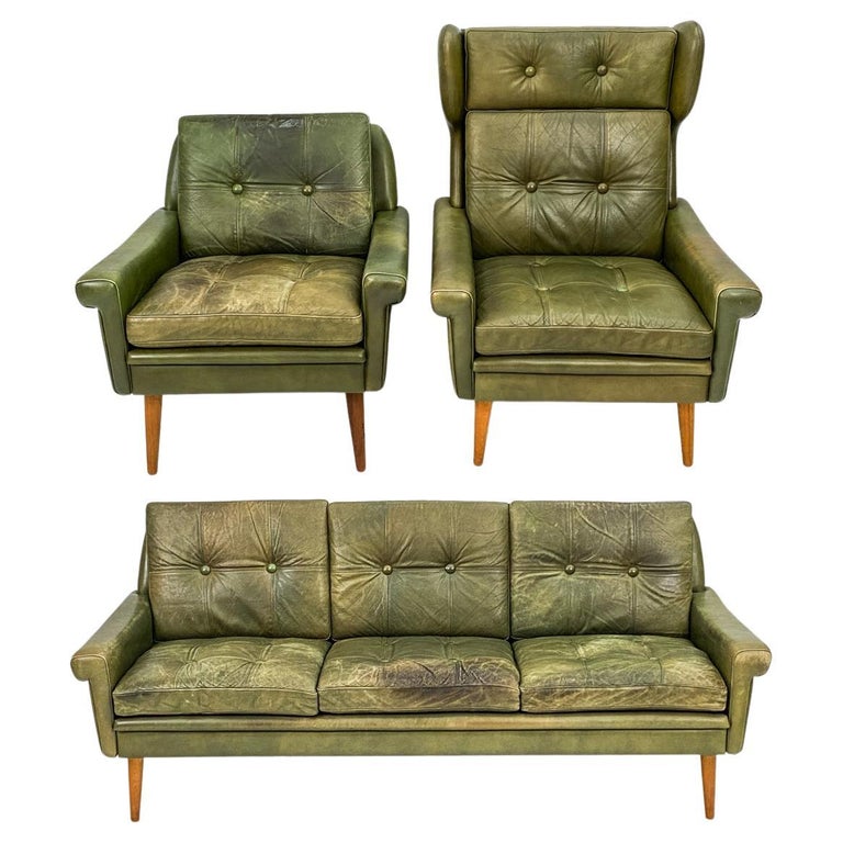 Svend Skipper Mid-Century Olive Green Leather Seating Suite For Sale