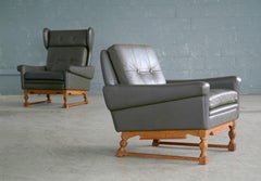 Svend Skipper Pair of High and Low Back Lounge Chairs in Green Leather