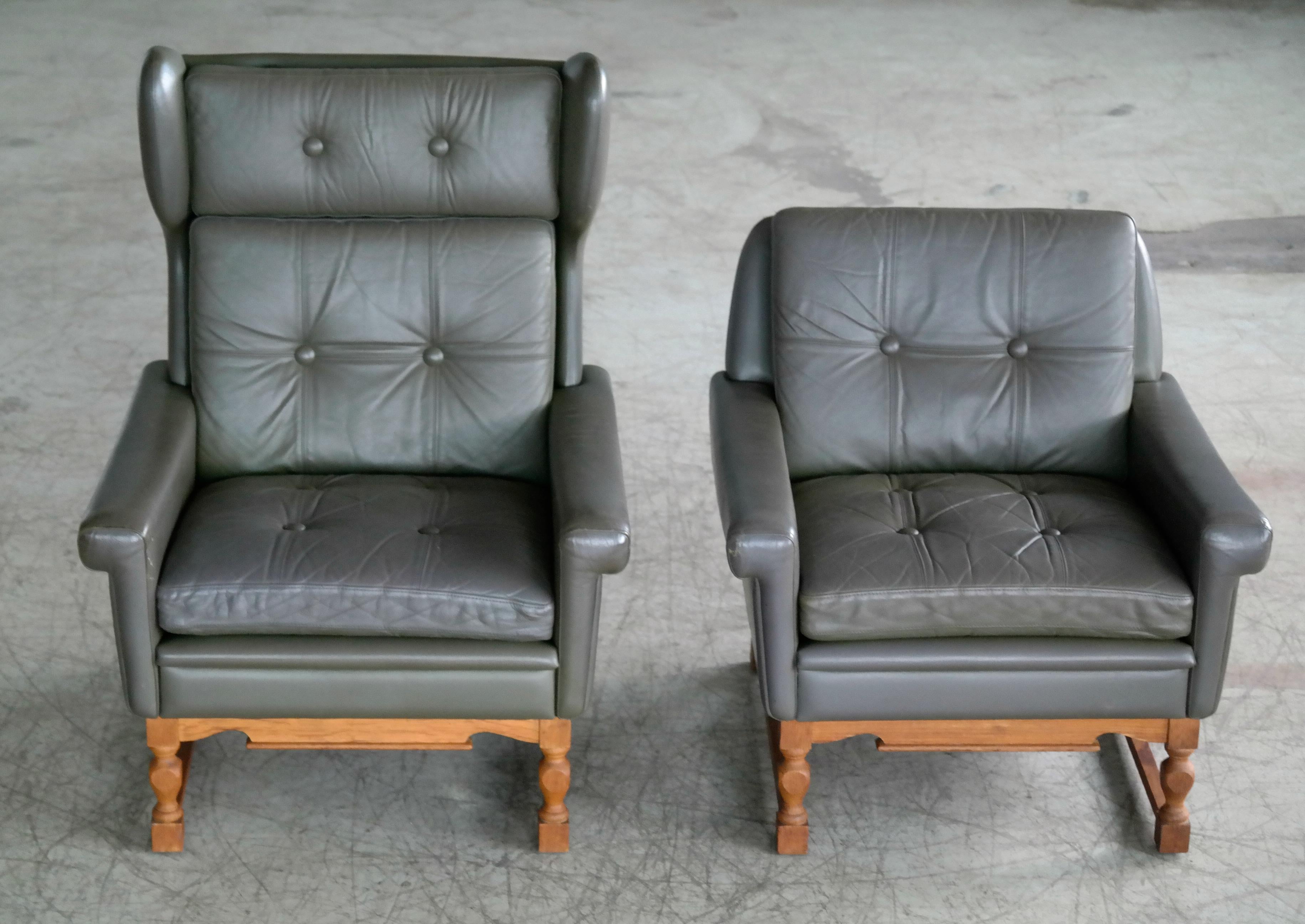 Mid-20th Century Svend Skipper Pair of High and Low Back Lounge Chairs in Green Leather For Sale