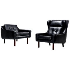 Svend Skipper Style Black Leather Wingback and Low Back Lounge Chairs