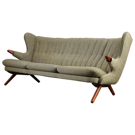 1960s Mid Century Danish 3-Seater Svend Skipper Blue Grey Fabric Buttoned  Sofa For Sale at 1stDibs