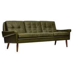 Svend Skippy Danish Three Seater Green Leather Mid Century Sofa