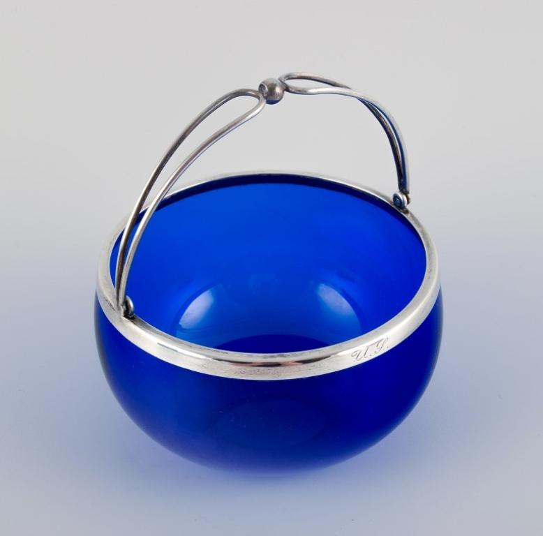 20th Century Svend Toxværd, Sugar Bowl in Blue Art Glass and Danish 830 Silver For Sale