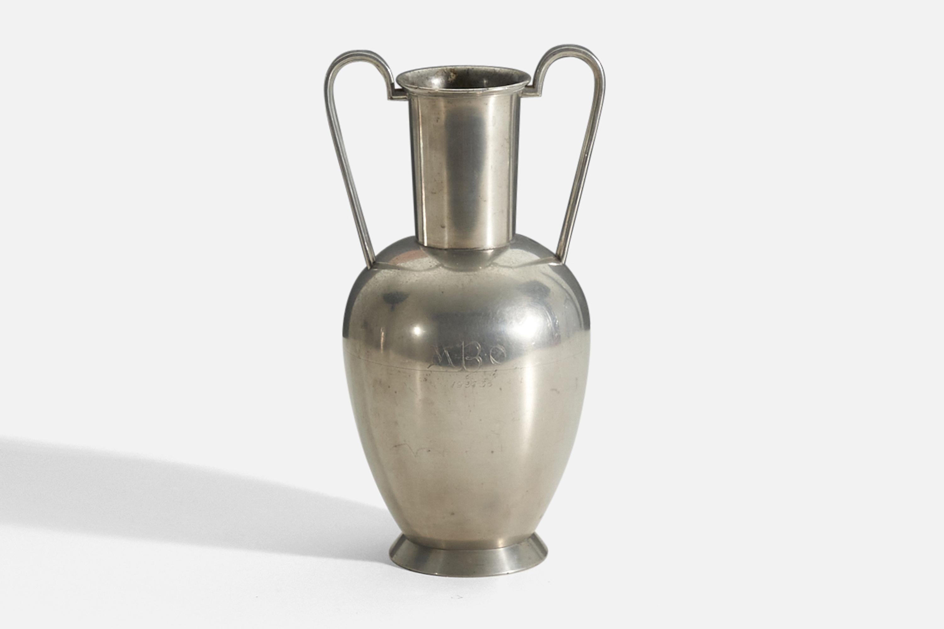 Mid-20th Century Svenskt Tenn, Engraved Vase or Trophy, Pewter, Sweden, C. 1935 For Sale