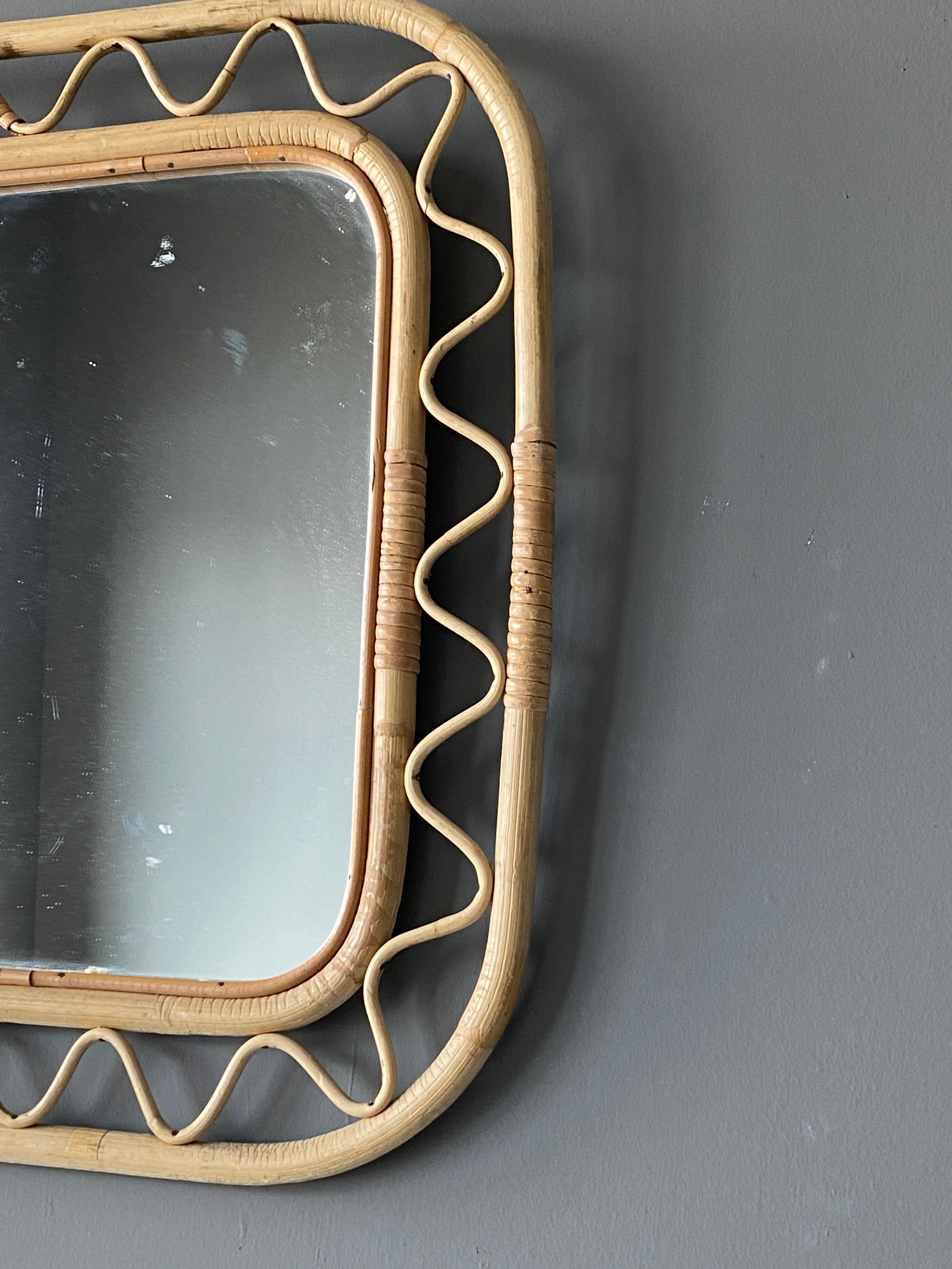 Mid-Century Modern Svenskt Tenn, Organic Wall Mirror, Woven Wicker, Bambo, Glass, Sweden, 1950s