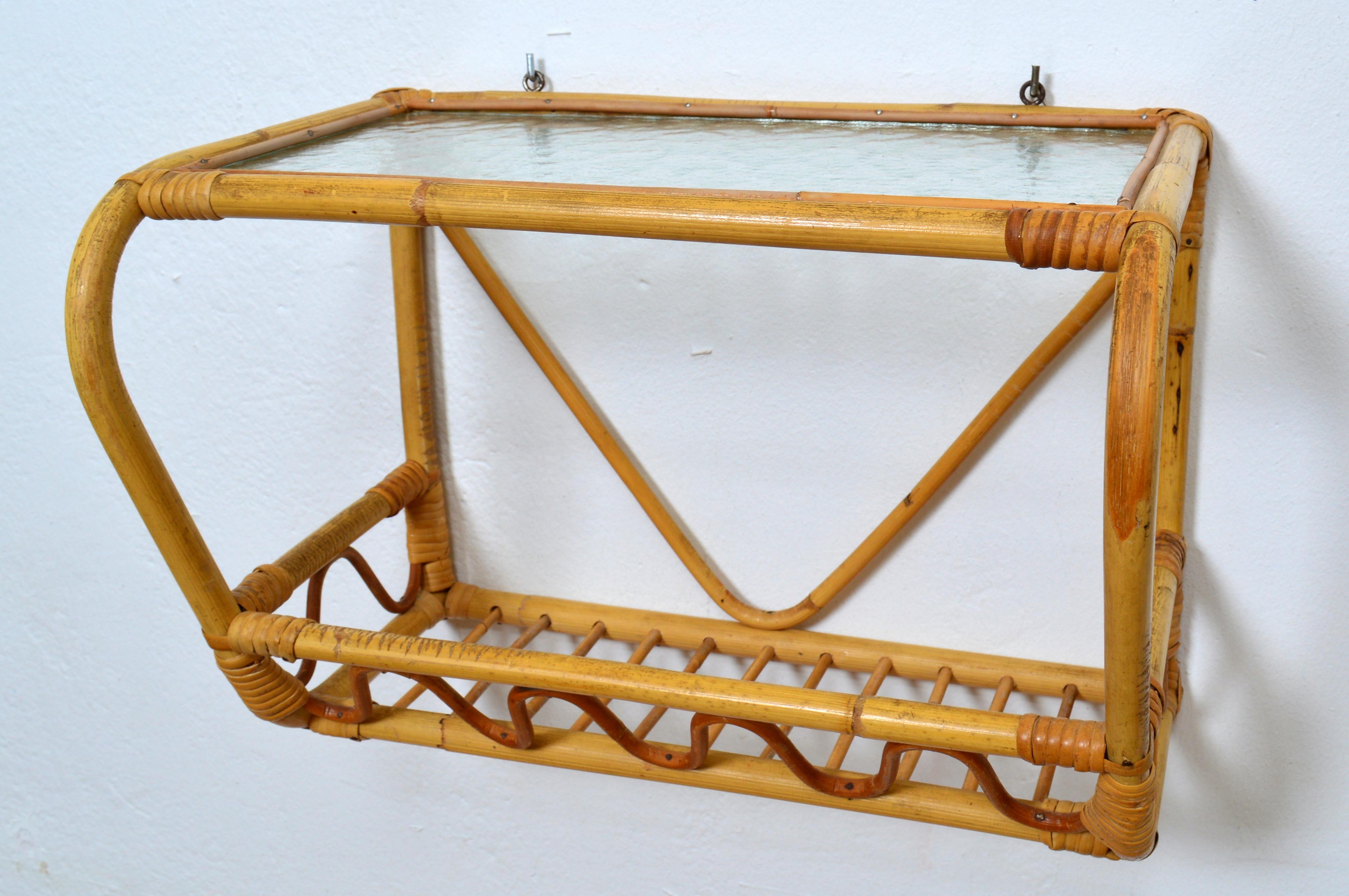 Swedish Svenskt Tenn Wall Mirror and Shelf Rattan Wicker Bamboo, Sweden, 1950s For Sale