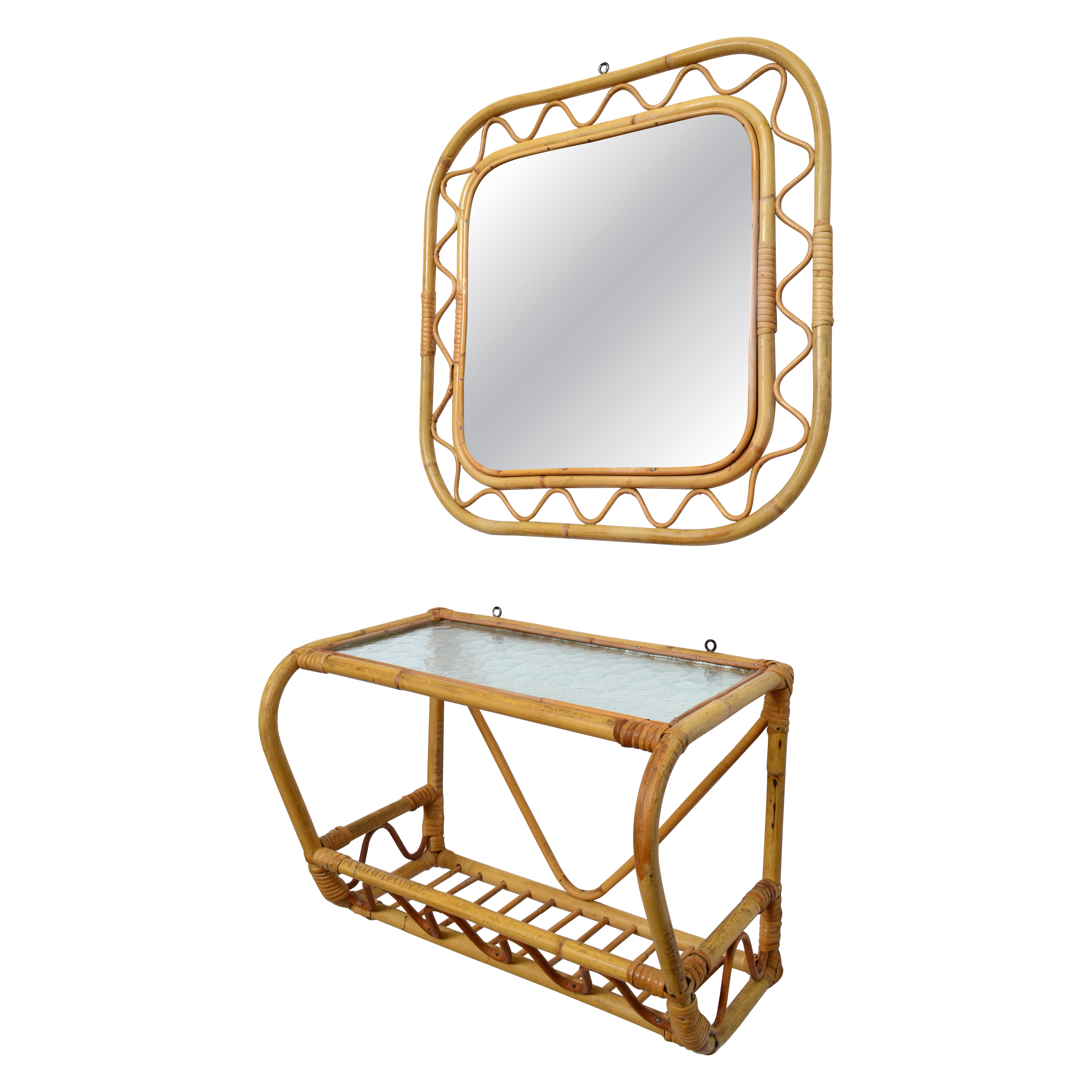 Svenskt Tenn Wall Mirror and Shelf Rattan Wicker Bamboo, Sweden, 1950s For Sale