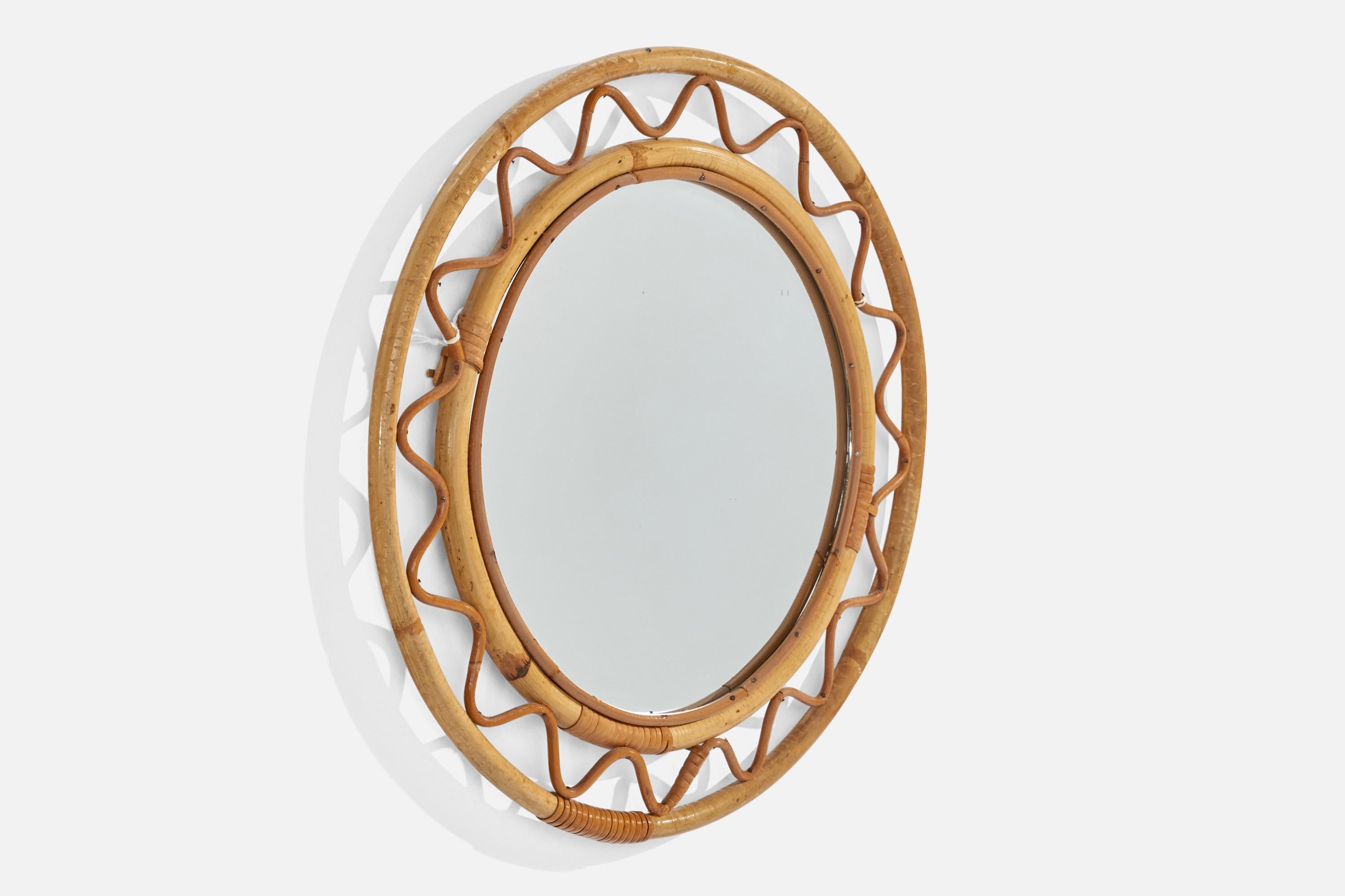 Mid-Century Modern Svenskt Tenn, Wall Mirror, Woven Wicker, Bamboo, Mirror Glass, Sweden, 1950s For Sale