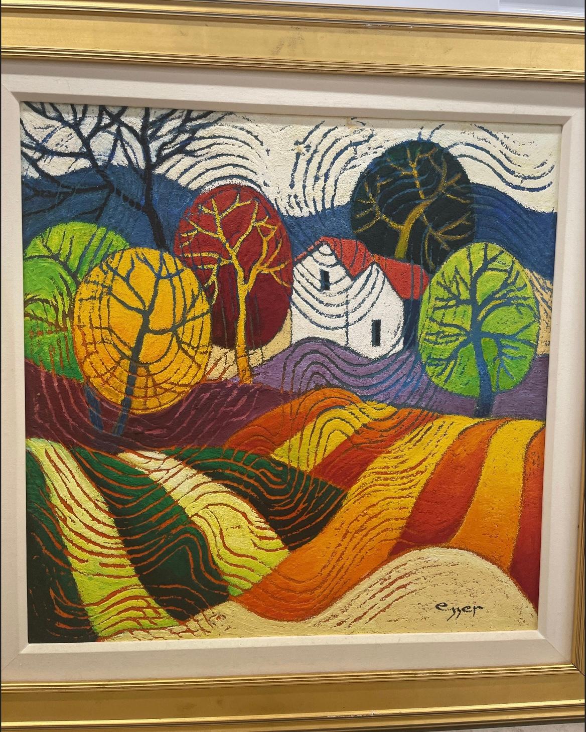 This is an Original Sveta Esser Sand Painting Titled “Whirley Forest”, Signed. In good condition some minor frame wear . Measures 37x37. 