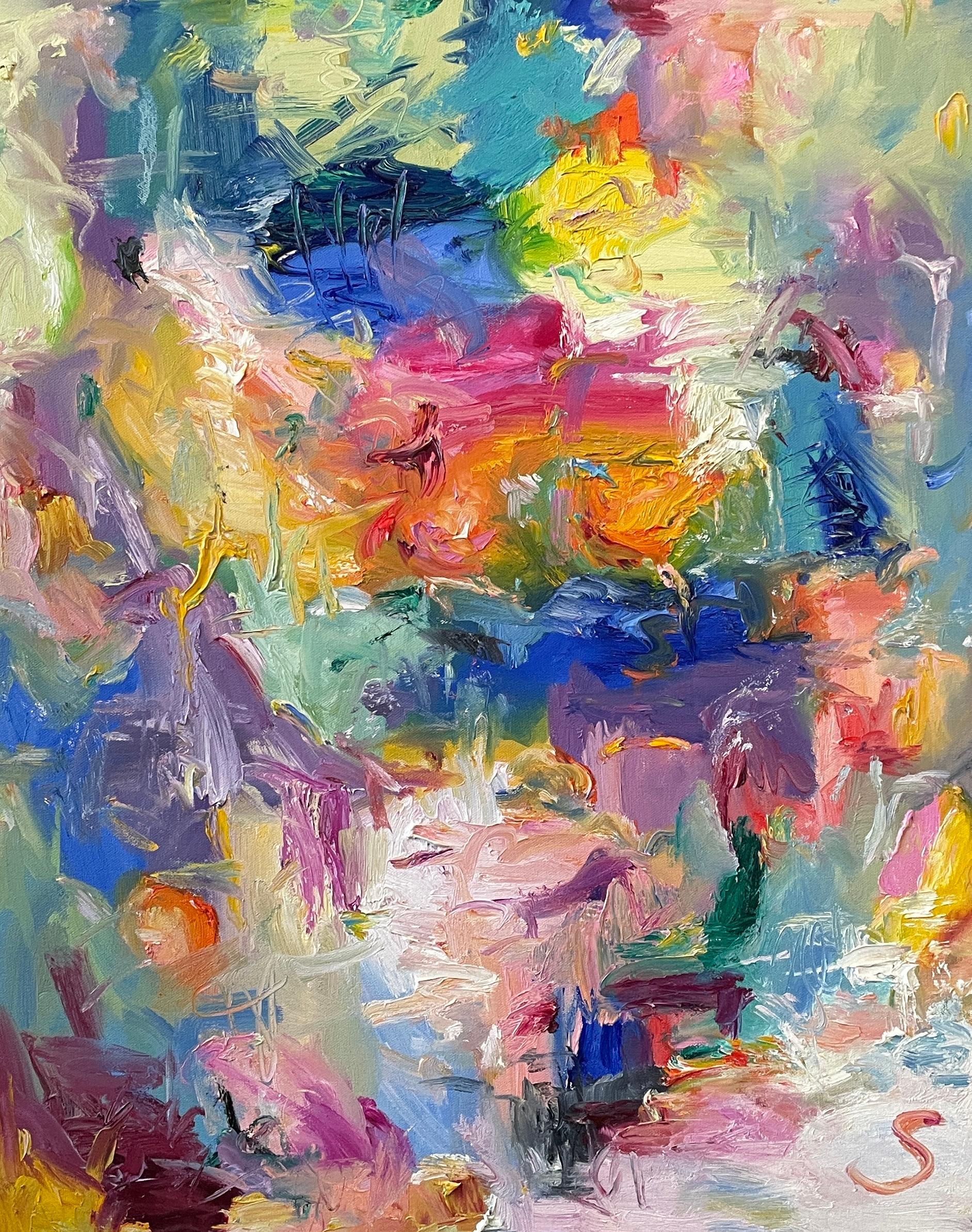 "Bright Future" by Sveta Hessler is a captivating 30" x 24" oil on canvas masterpiece that invites viewers into a world of vibrant and mesmerizing color. The canvas is alive with a riot of hues, from sunlit yellows and deep magentas to cooling blues