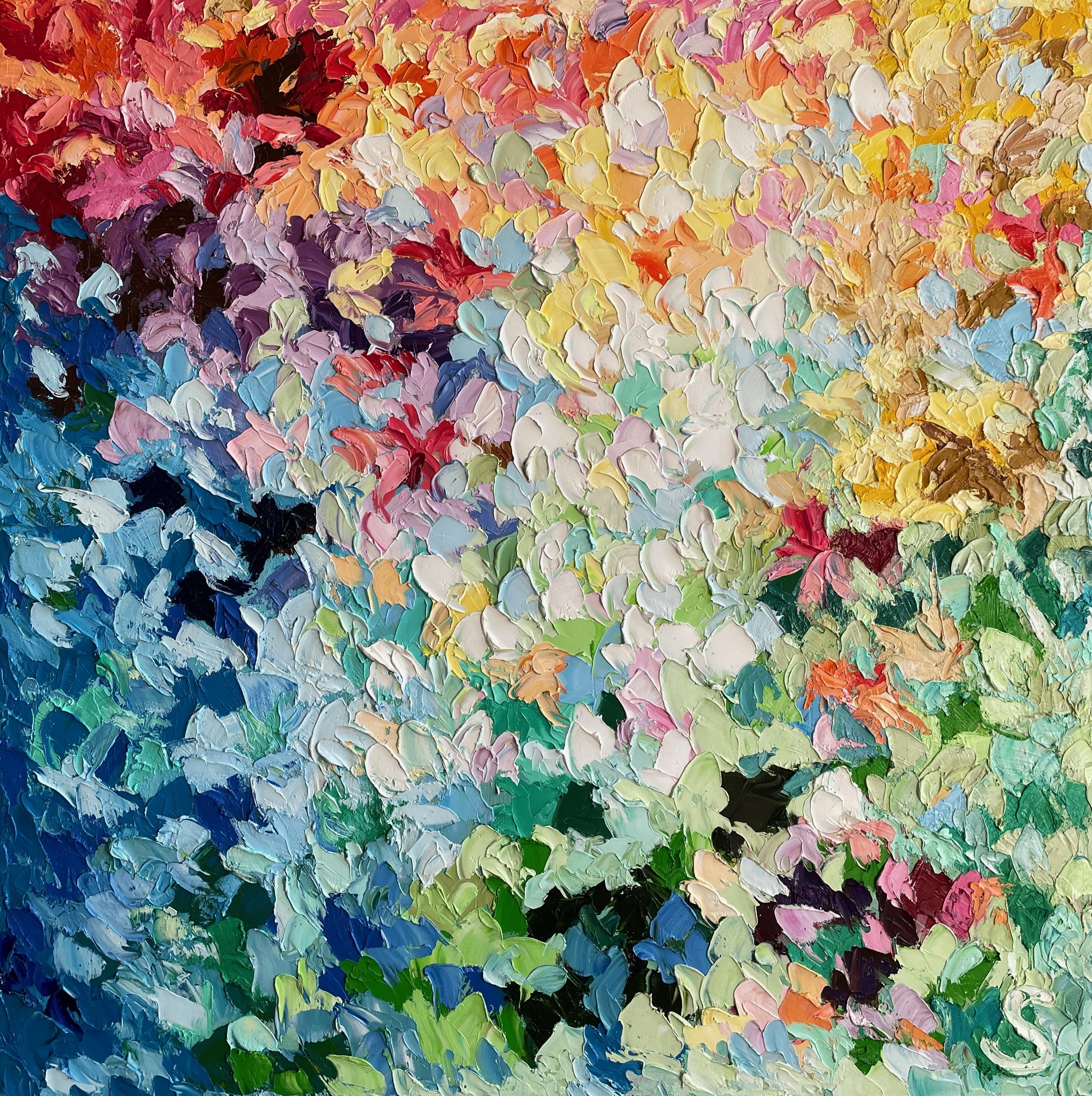 "Childhood Memories" by Sveta Hessler is a vibrant 40" x 40" oil on canvas painting that bursts with color, emotion, and nostalgia. The painting pulsates with rich hues—whimsical pinks, deep purples, serene blues, and sun-kissed yellows—that