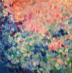 Abstraktes zeitgenössisches Gemälde „Field Of Happiness“ in Rosa, Grün und Blau