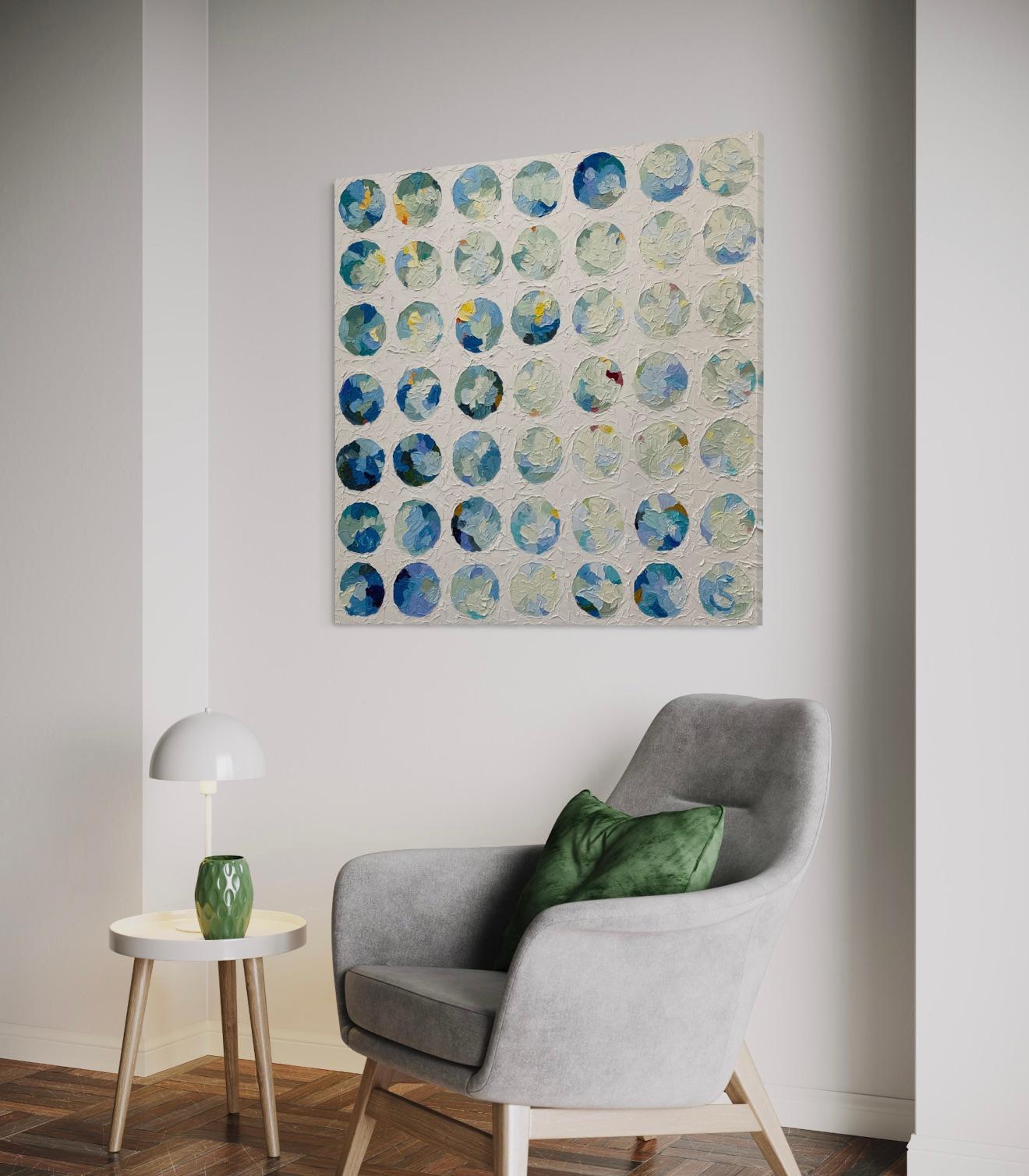 'Good Vibes Only' - Vibrant Serene Circles - Blue and White Oil Painting For Sale 7