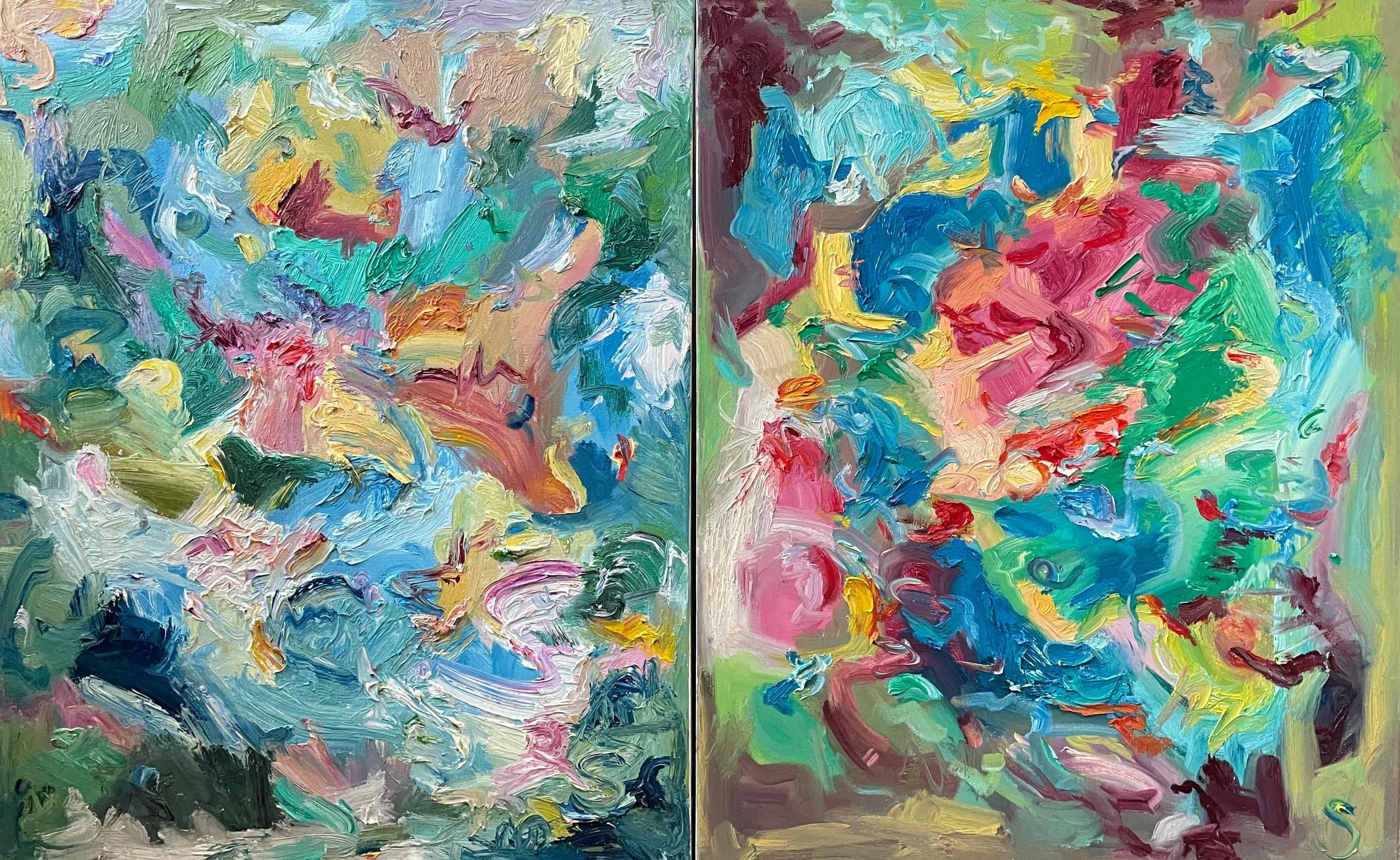 "Joy 1 & 2" by Sveta Hessler is a captivating 30" x 48" diptych oil on canvas, bursting with an exuberance that lives up to its title. Each canvas is a riot of colors, where lush greens intertwine with deep blues, radiant reds, and sunlit yellows,
