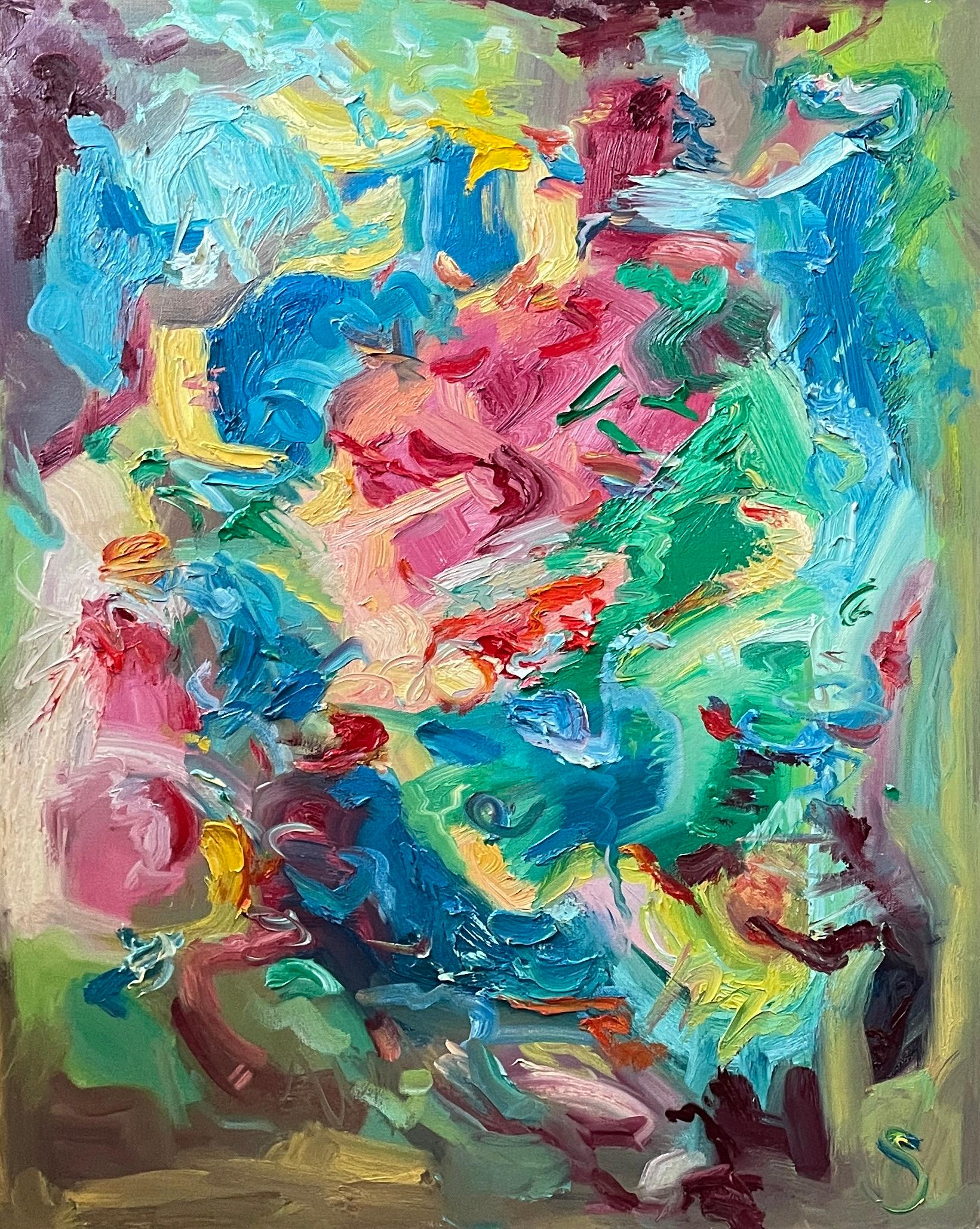"Joy 2" by Sveta Hessler is a captivating 30" x 24" oil on canvas that stands as a testament to the dance of emotions and the myriad of sensations joy can evoke. A kaleidoscope of colors unfolds across the canvas; deep blues and serene greens swirl