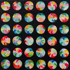 "Night Life" - Vibrant Impasto Colorful Rainbow Circles with Black Oil Painting