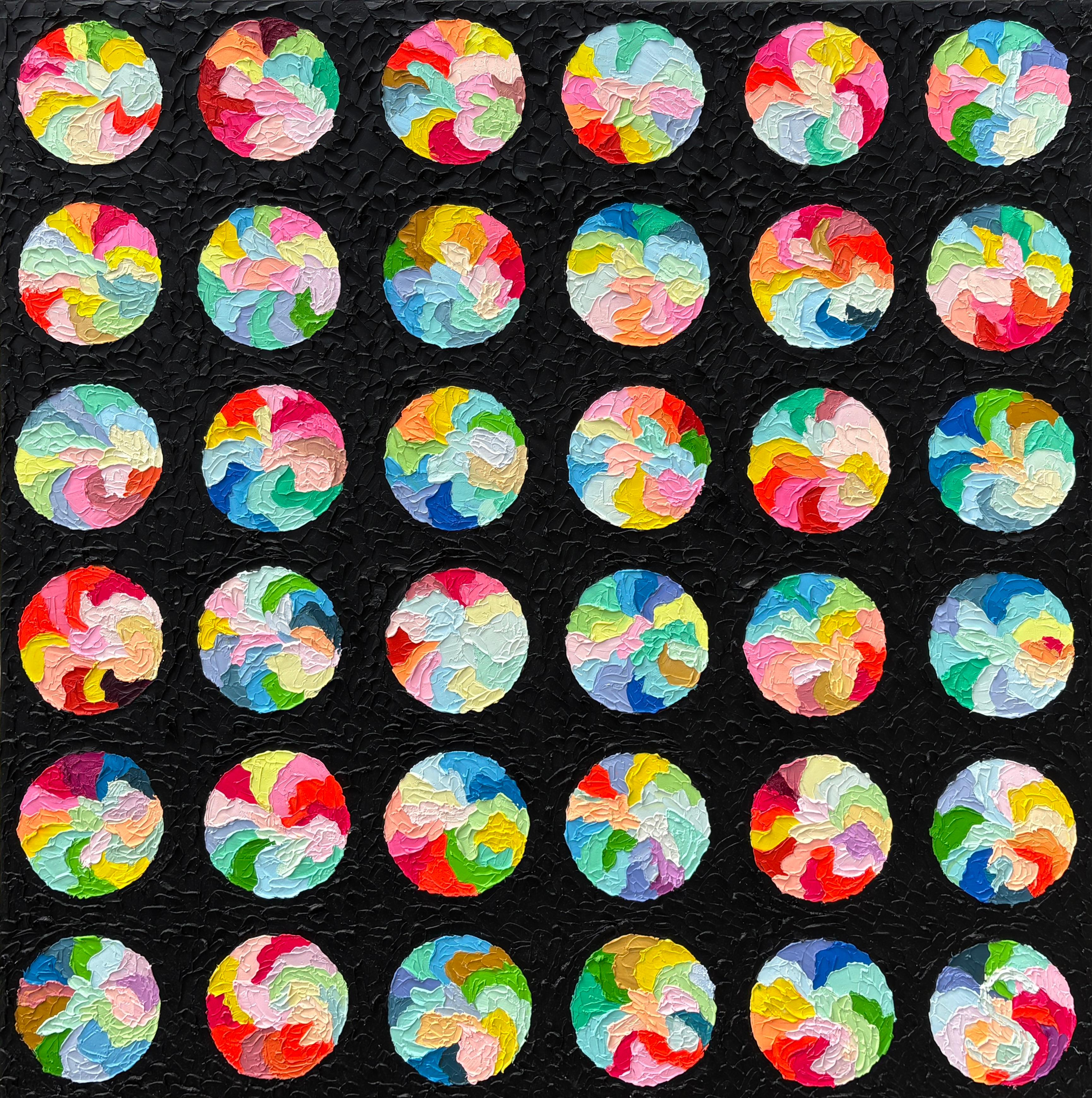"Night Life" by Hessler - Vibrant Multicolor Circles on Black Impasto Background