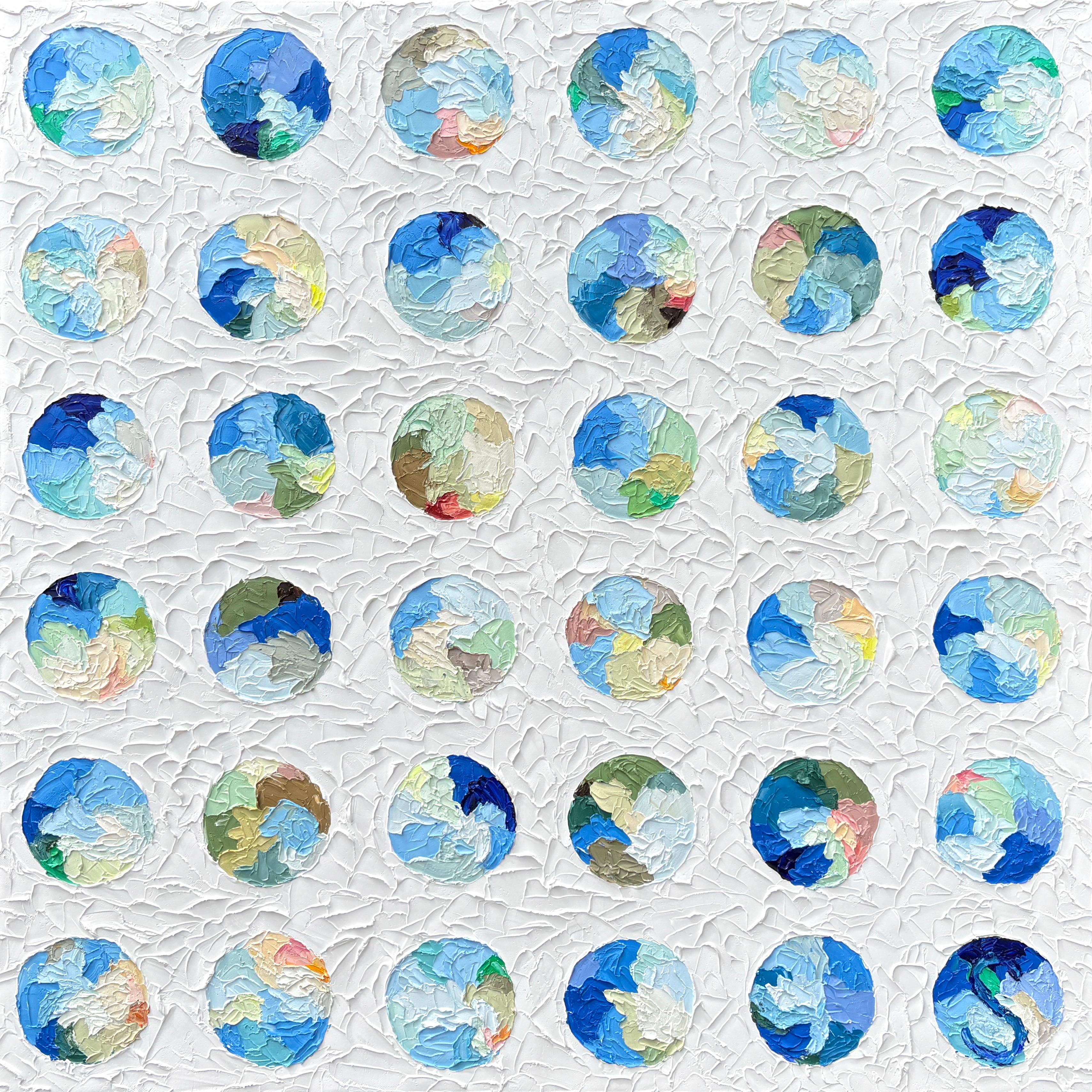 Sveta Hessler Abstract Painting - "Olive Orchard" by Hessler - Abstract Blue and Earth Tone Impasto Circles
