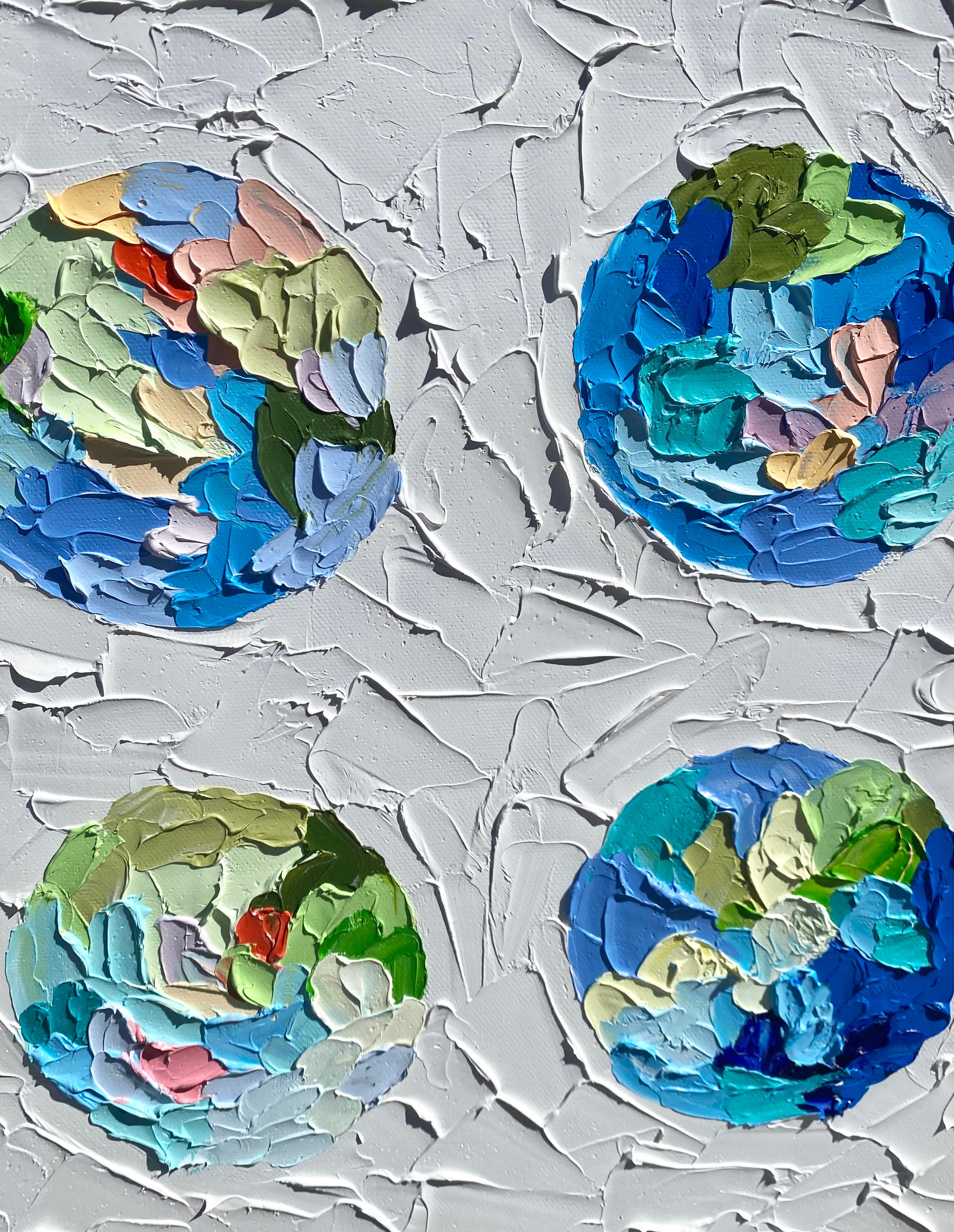 Pianeti astratti contemporanei 'Tropical' in bianco  cerchi blu, gialli e rossi 1